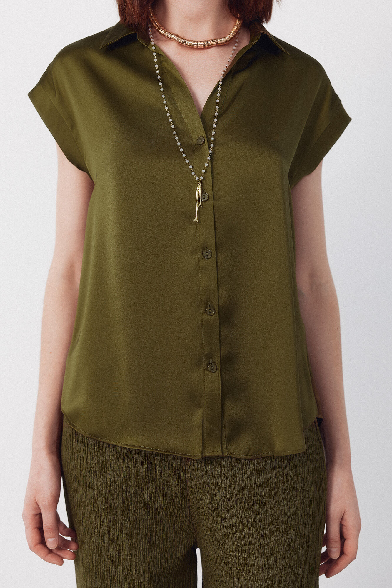 Cortefiel Camisa satinada Kaki