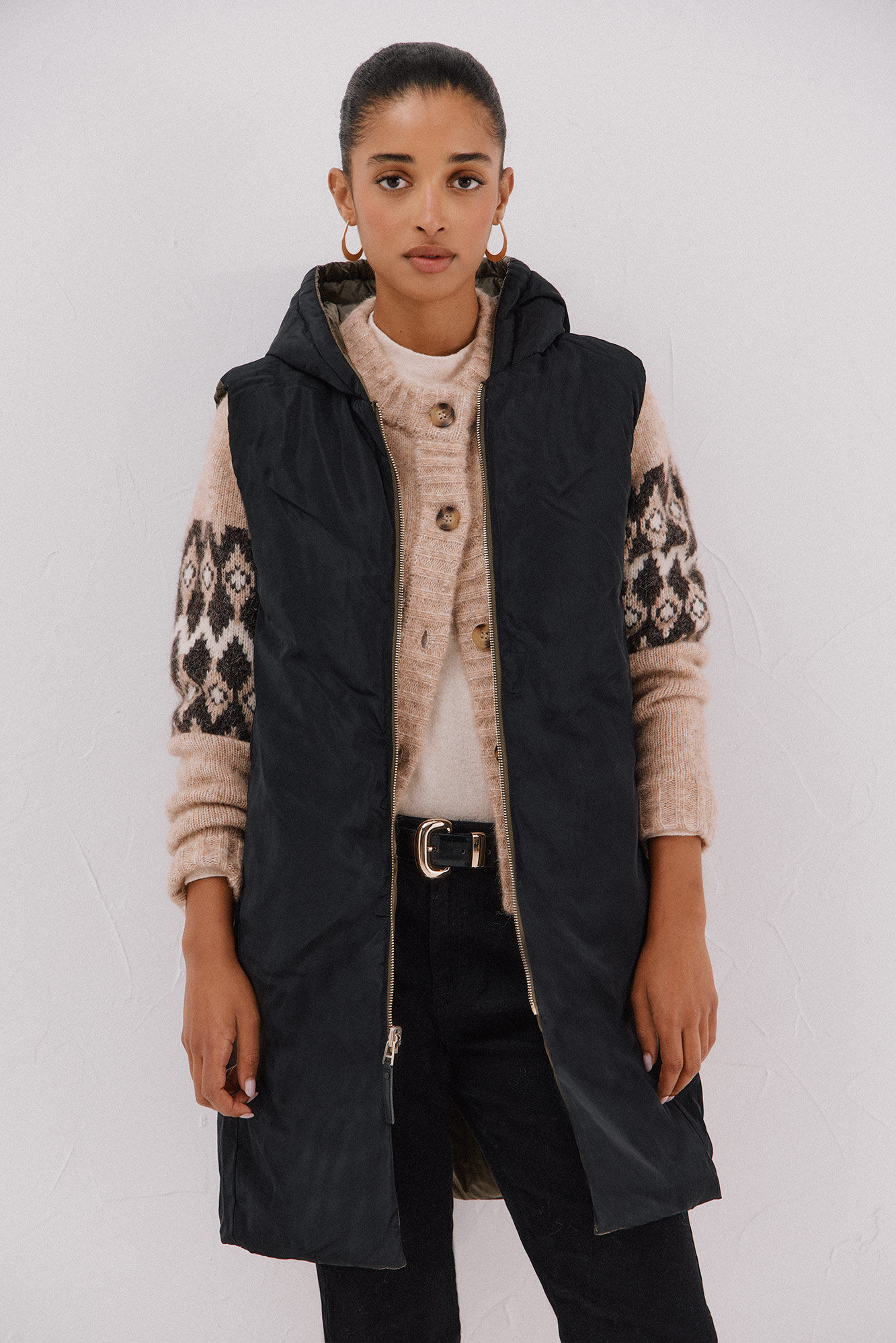 Cortefiel Chaleco largo reversible Kaki