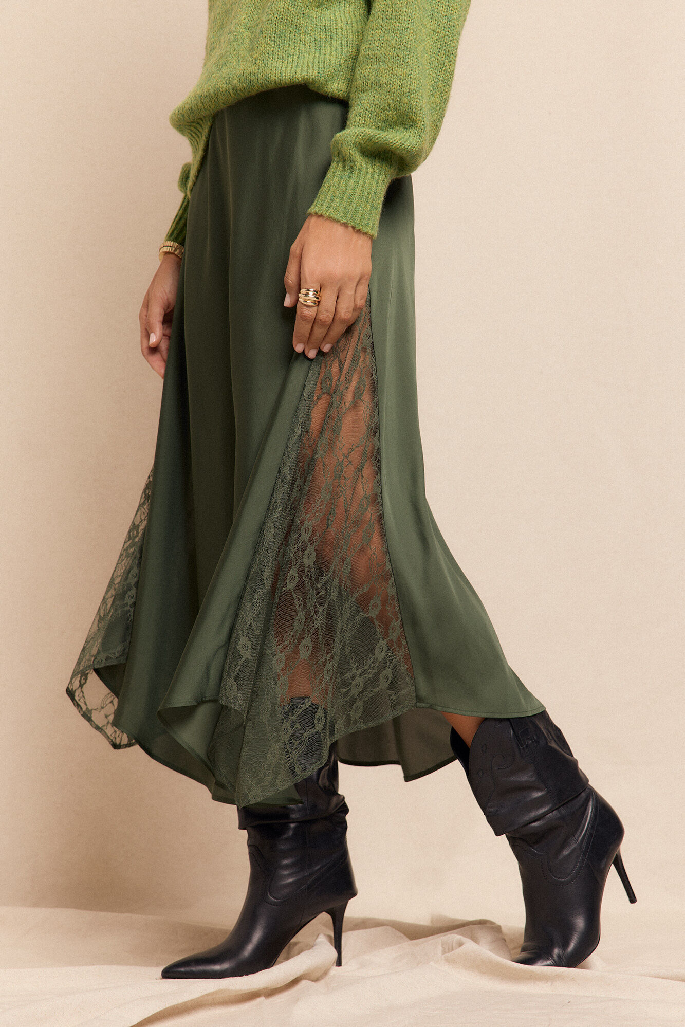 Slowlove Falda larga satinada con encaje