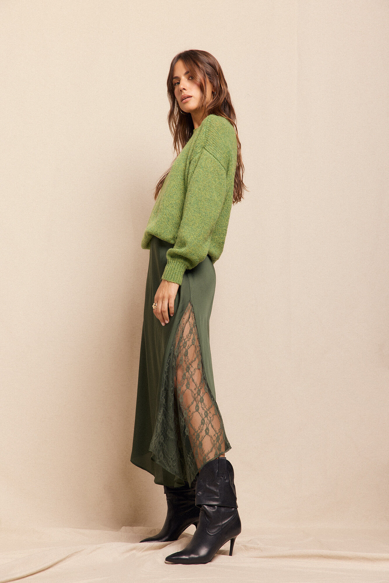 Slowlove Falda larga satinada con encaje Verde oscuro