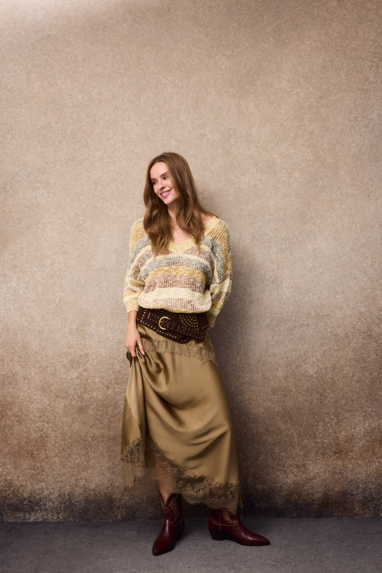 Slowlove Falda midi de sat&eacute;n y encaje
