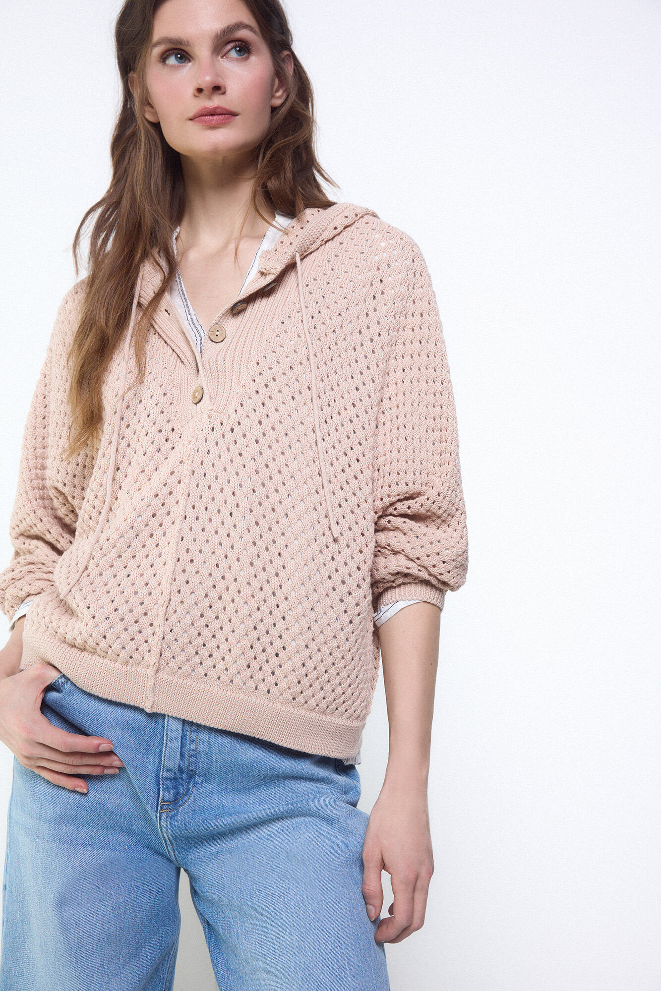 Slowlove Su&eacute;ter calado con capucha Arena