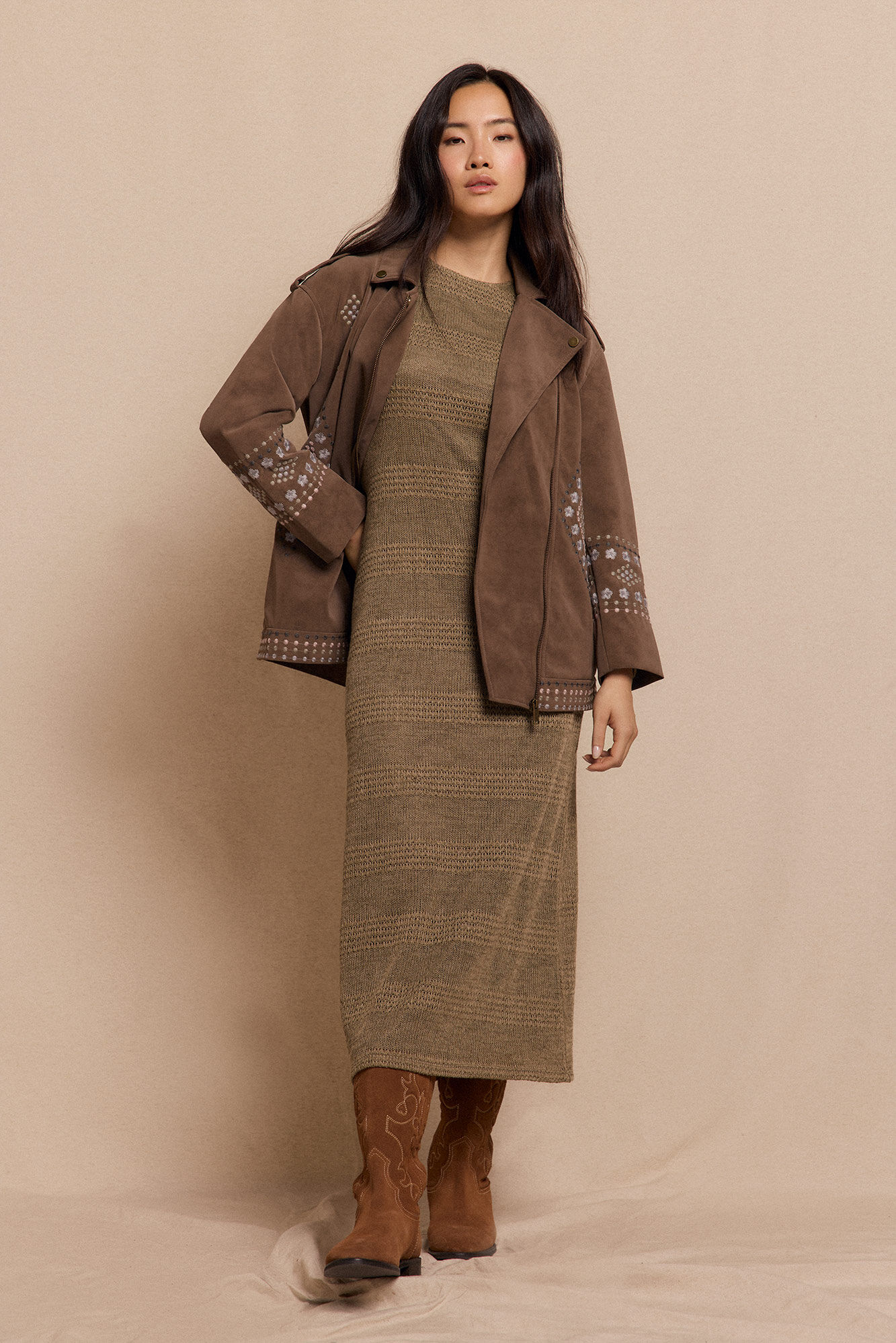 Slowlove Chamarra biker efecto piel bordada Beige