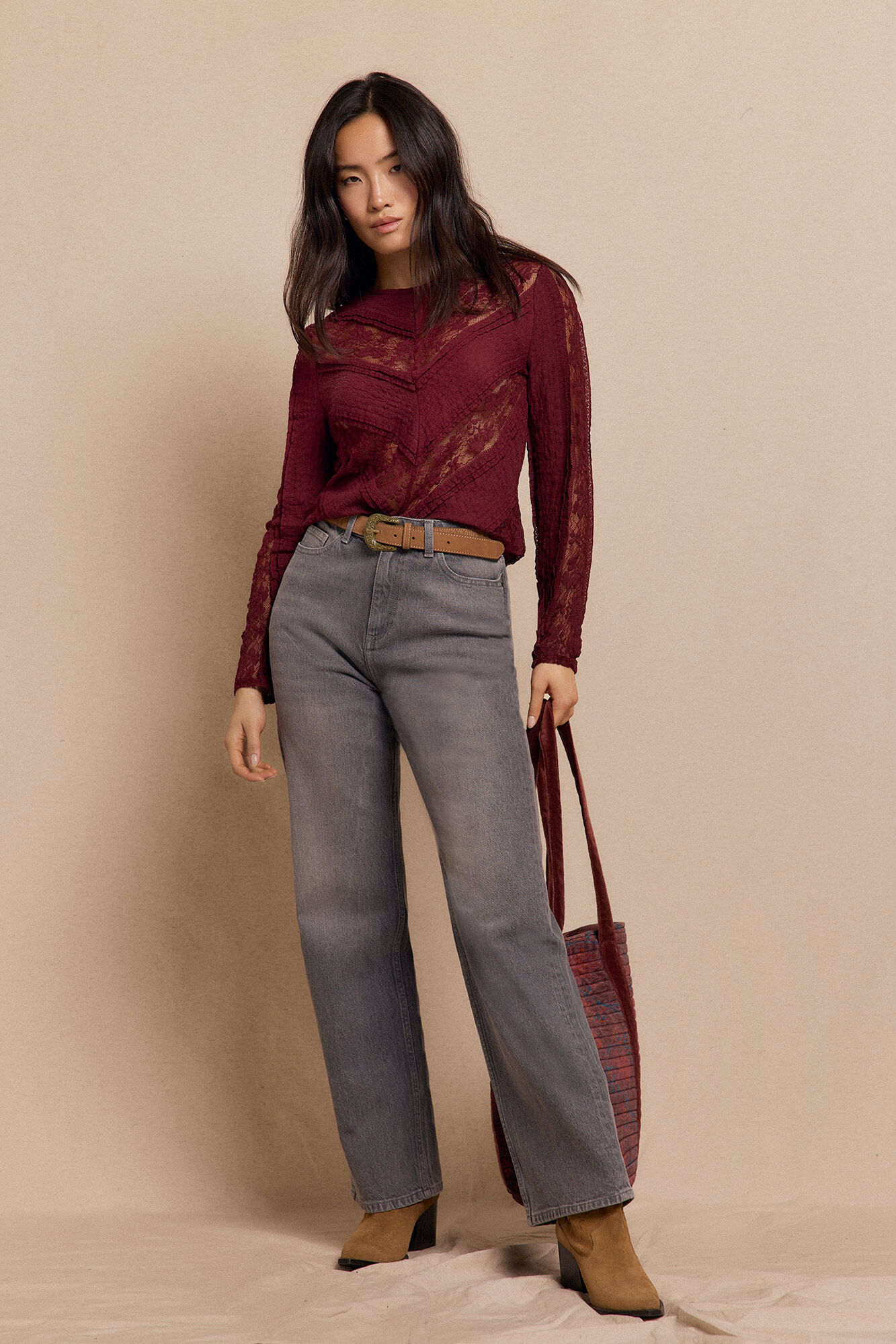 Slowlove Top encaje combinado Vino
