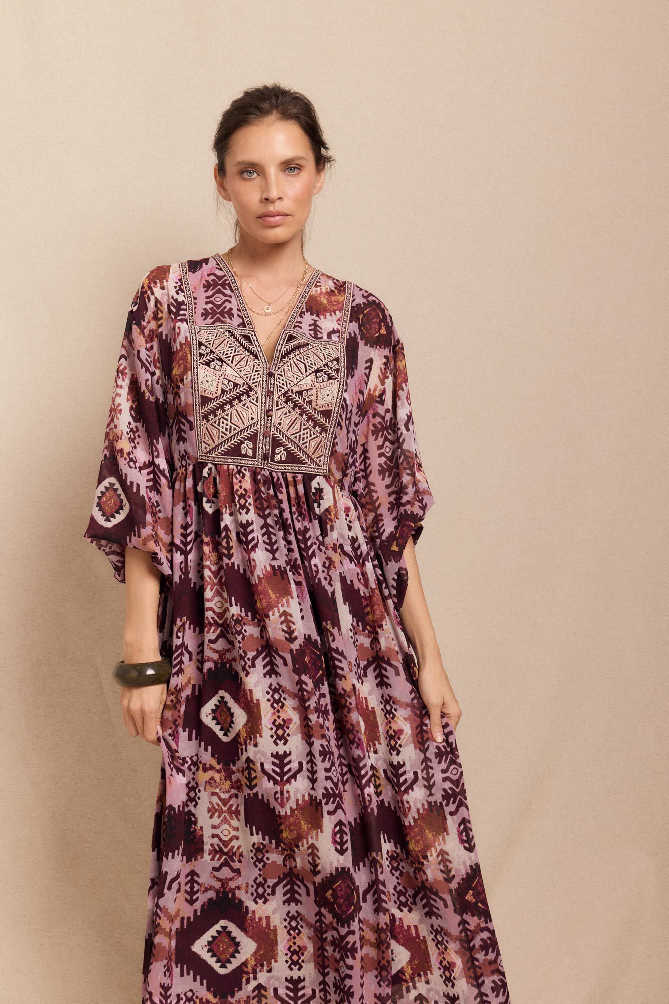 Slowlove Vestido fluido estampado bordado