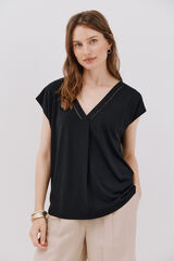 Cortefiel Playera con cuello en pico y detalle de encaje Negro