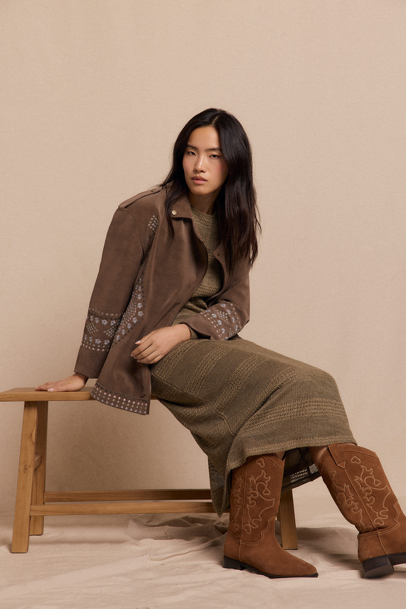 Slowlove Chamarra biker efecto piel bordada