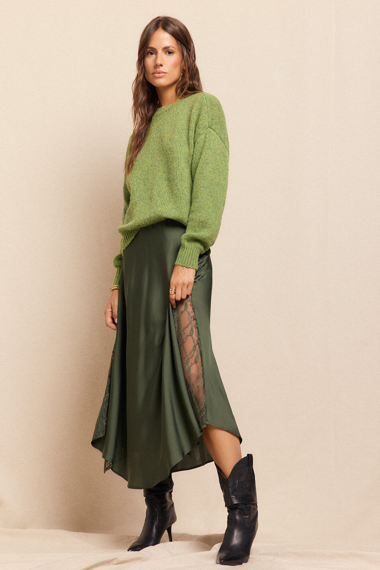 Slowlove Falda larga satinada con encaje