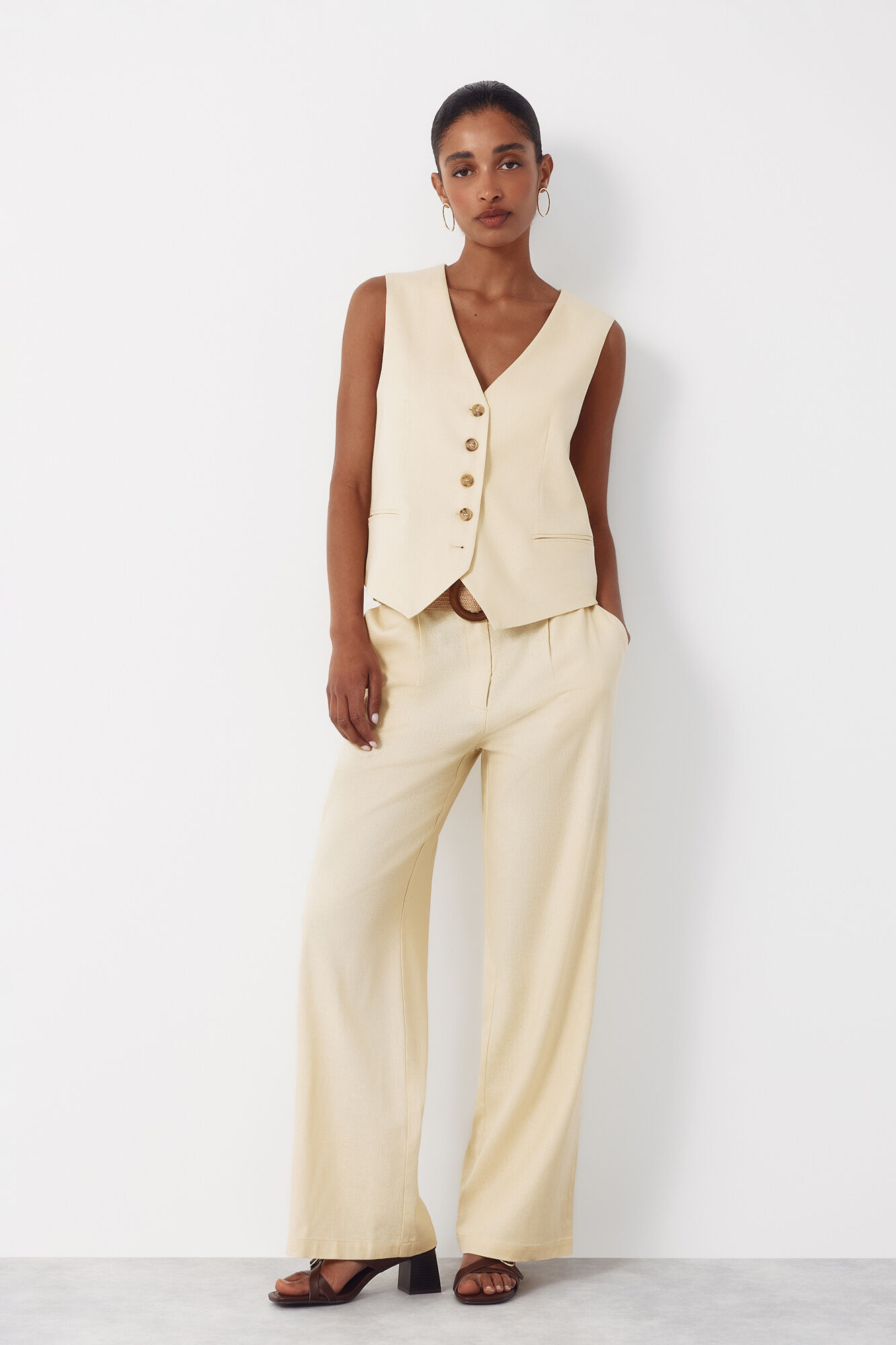 Cortefiel Pantal&oacute;n ancho de lino Amarillo