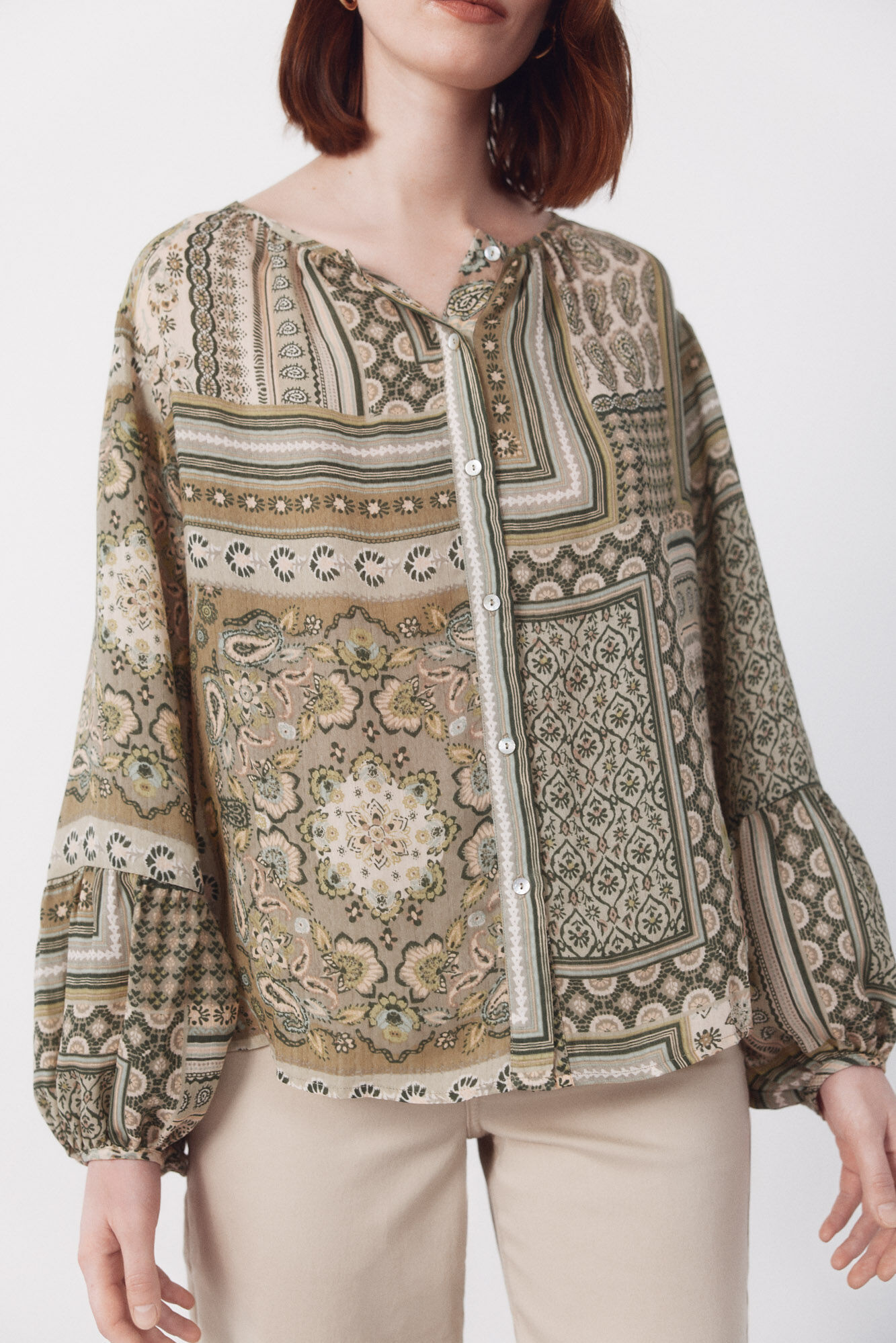 Cortefiel Blusa estampada Kaki