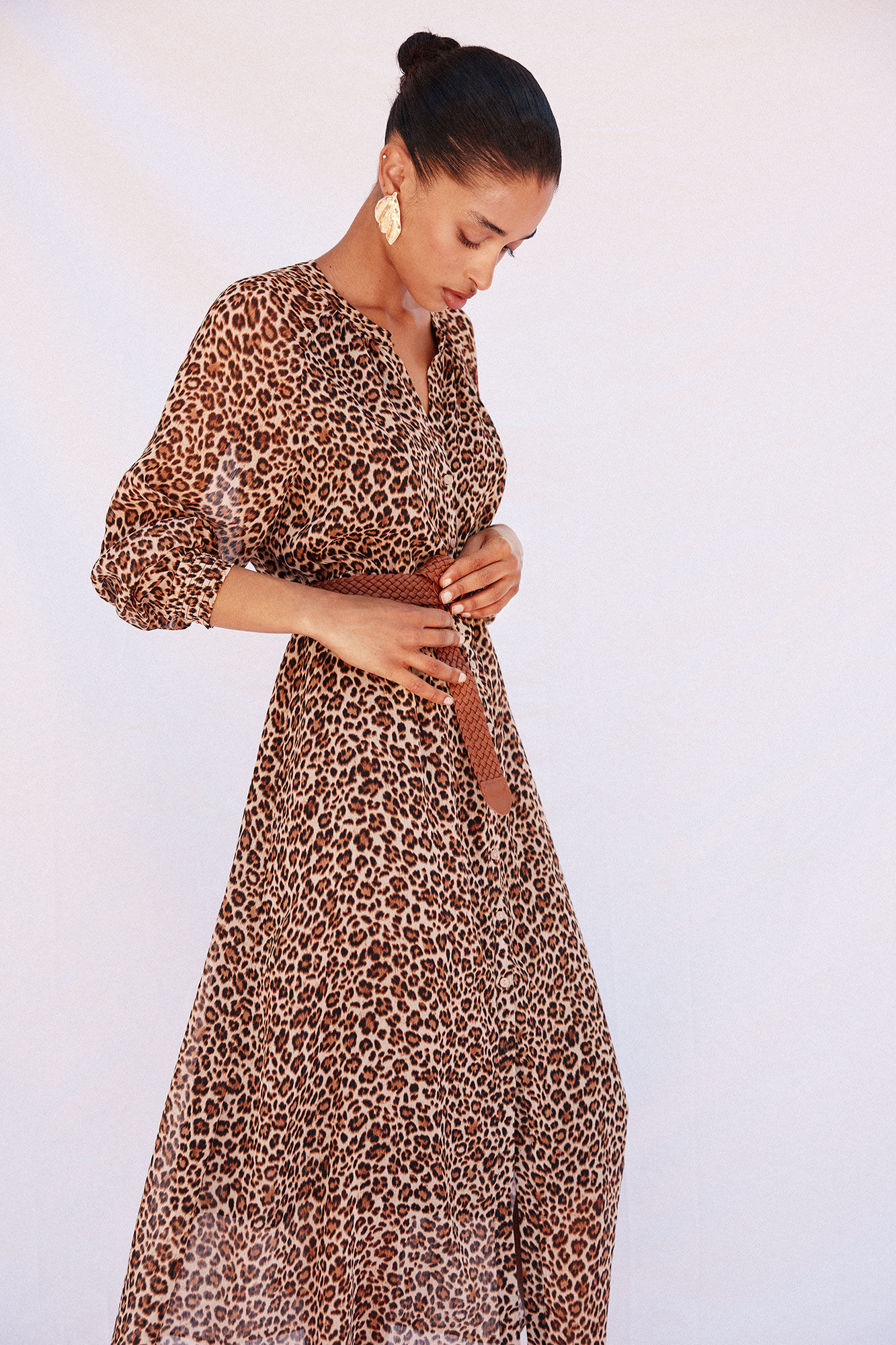 Cortefiel Vestido camisero estampado con cintur&oacute;n Estampado marr&oacute;n