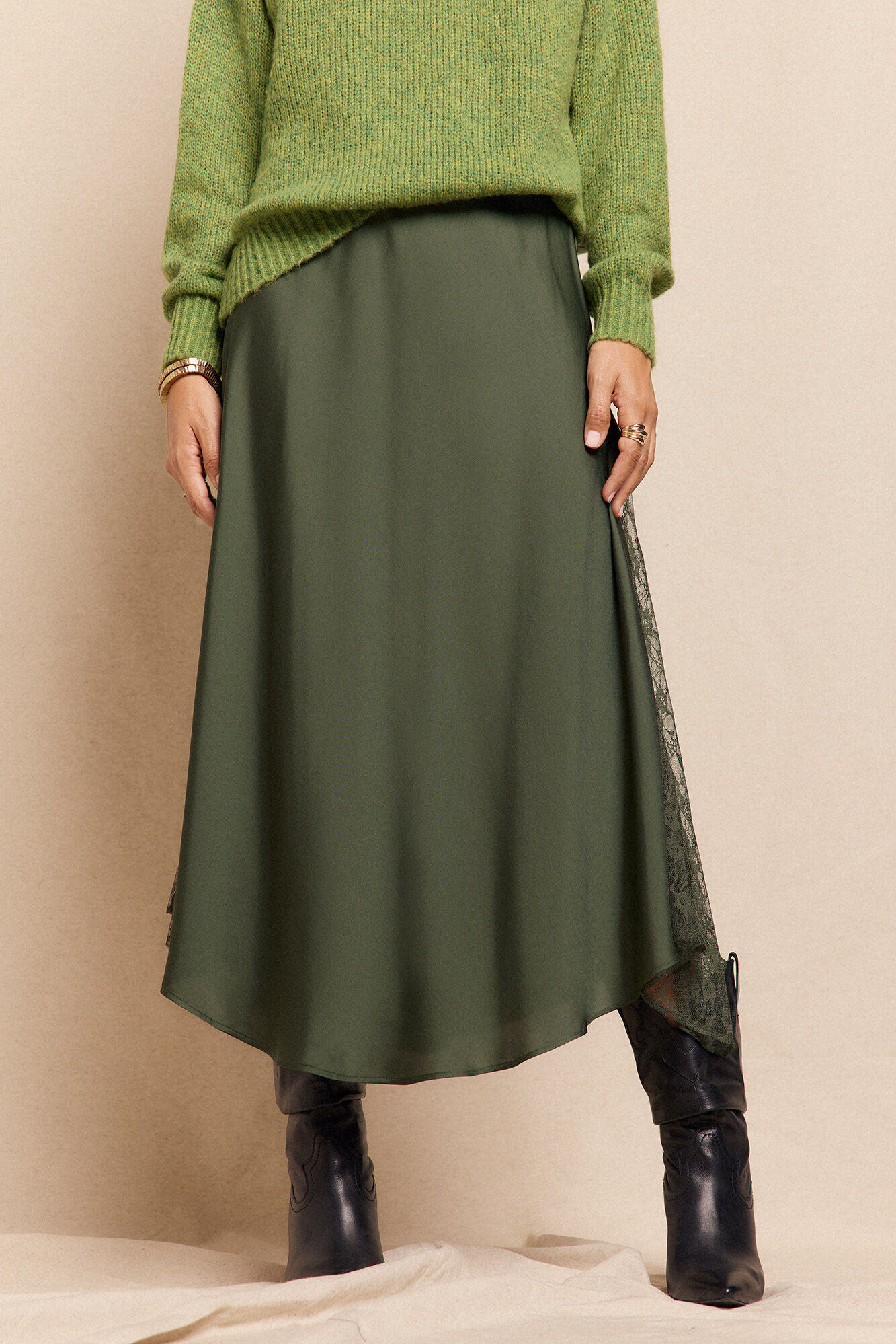 Slowlove Falda larga satinada con encaje Verde oscuro