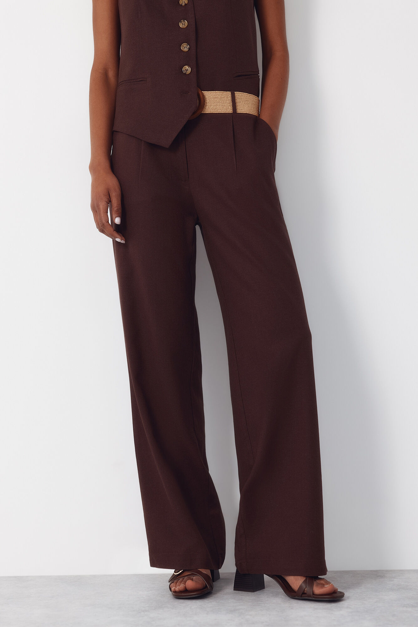 Cortefiel Pantal&oacute;n ancho de lino Marr&oacute;n oscuro