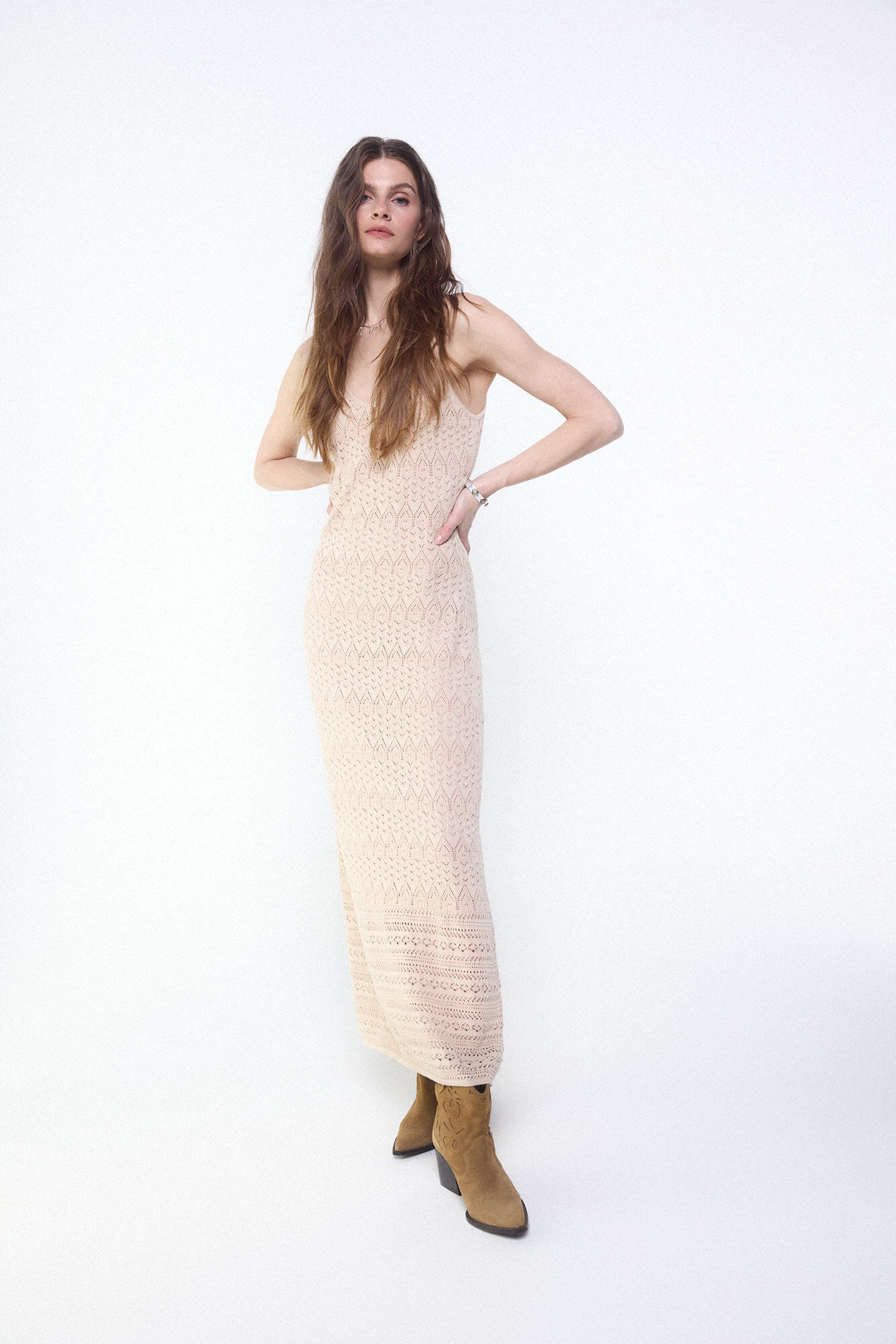 Slowlove Vestido de punto calado Arena