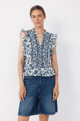 Cortefiel Blusa con volante Estampado azul