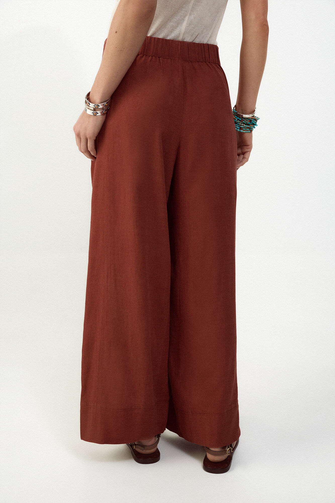 Slowlove Pantal&oacute;n ancho de lino lavado Marr&oacute;n