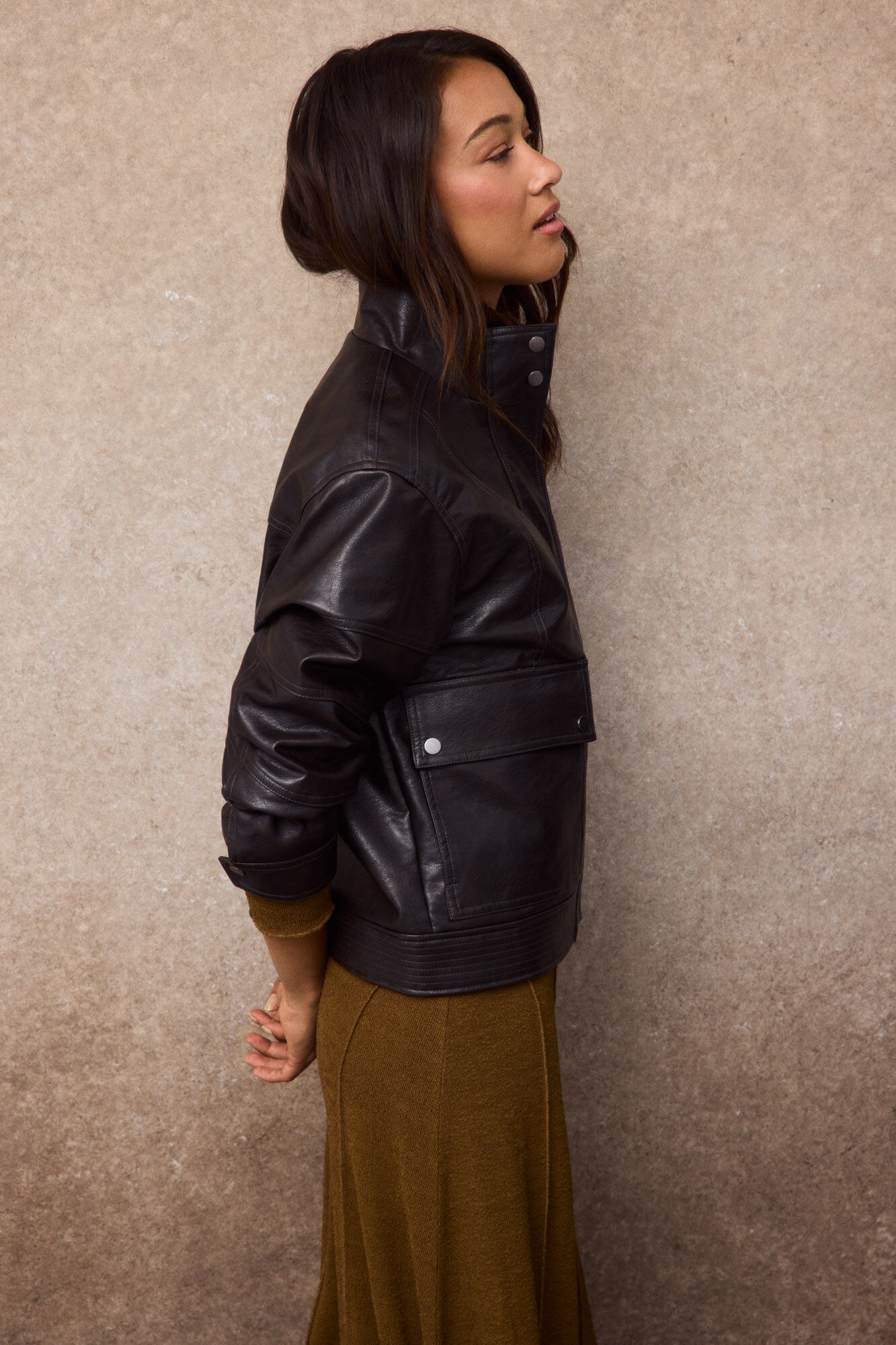 Slowlove Cazadora biker pespuntes Marr&oacute;n oscuro