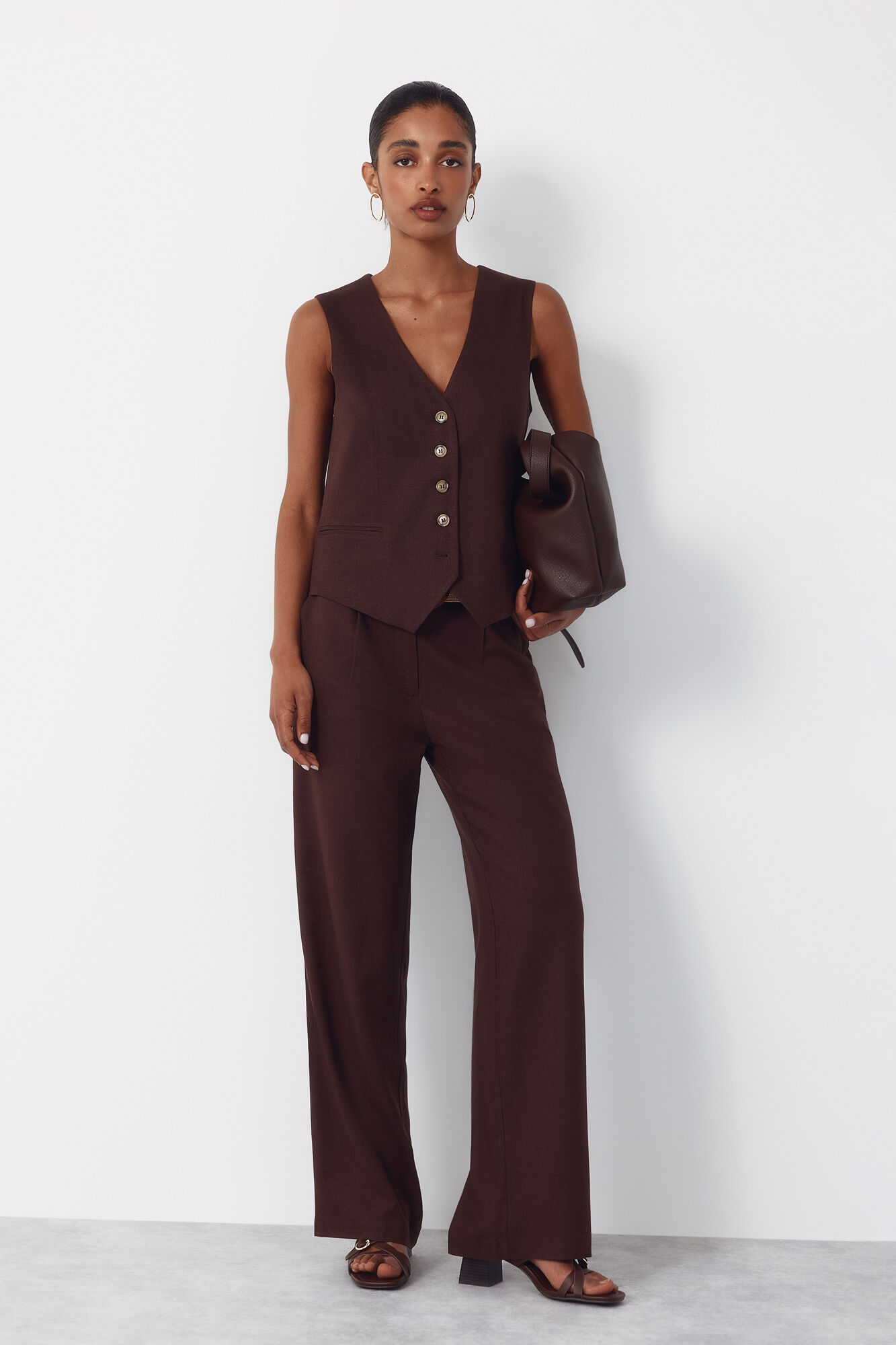 Cortefiel Pantal&oacute;n ancho de lino Marr&oacute;n oscuro