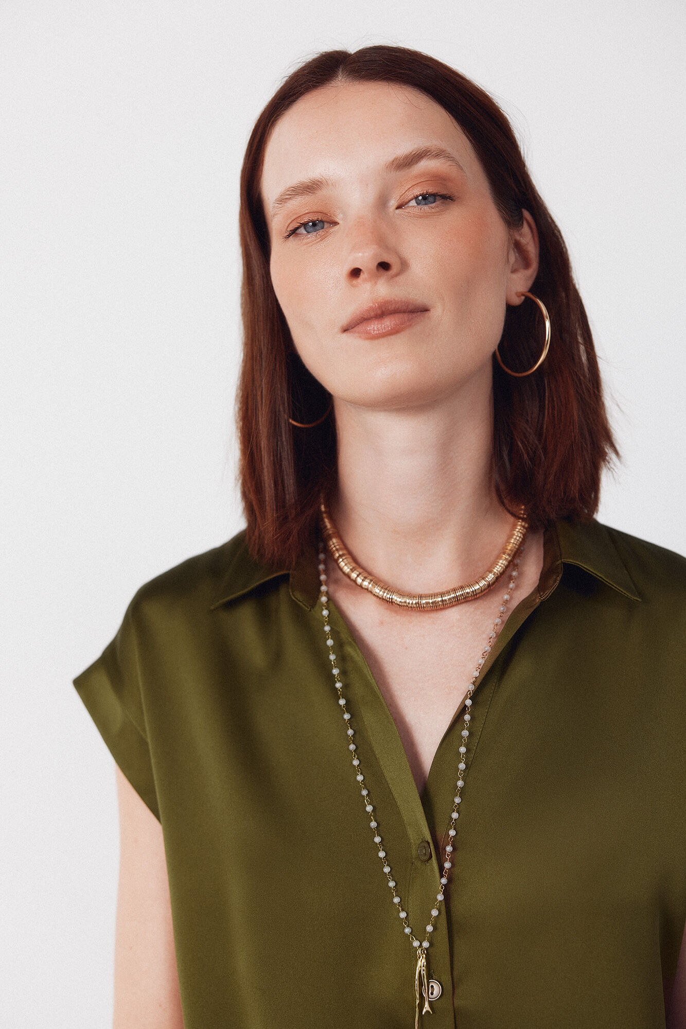 Cortefiel Camisa satinada Kaki