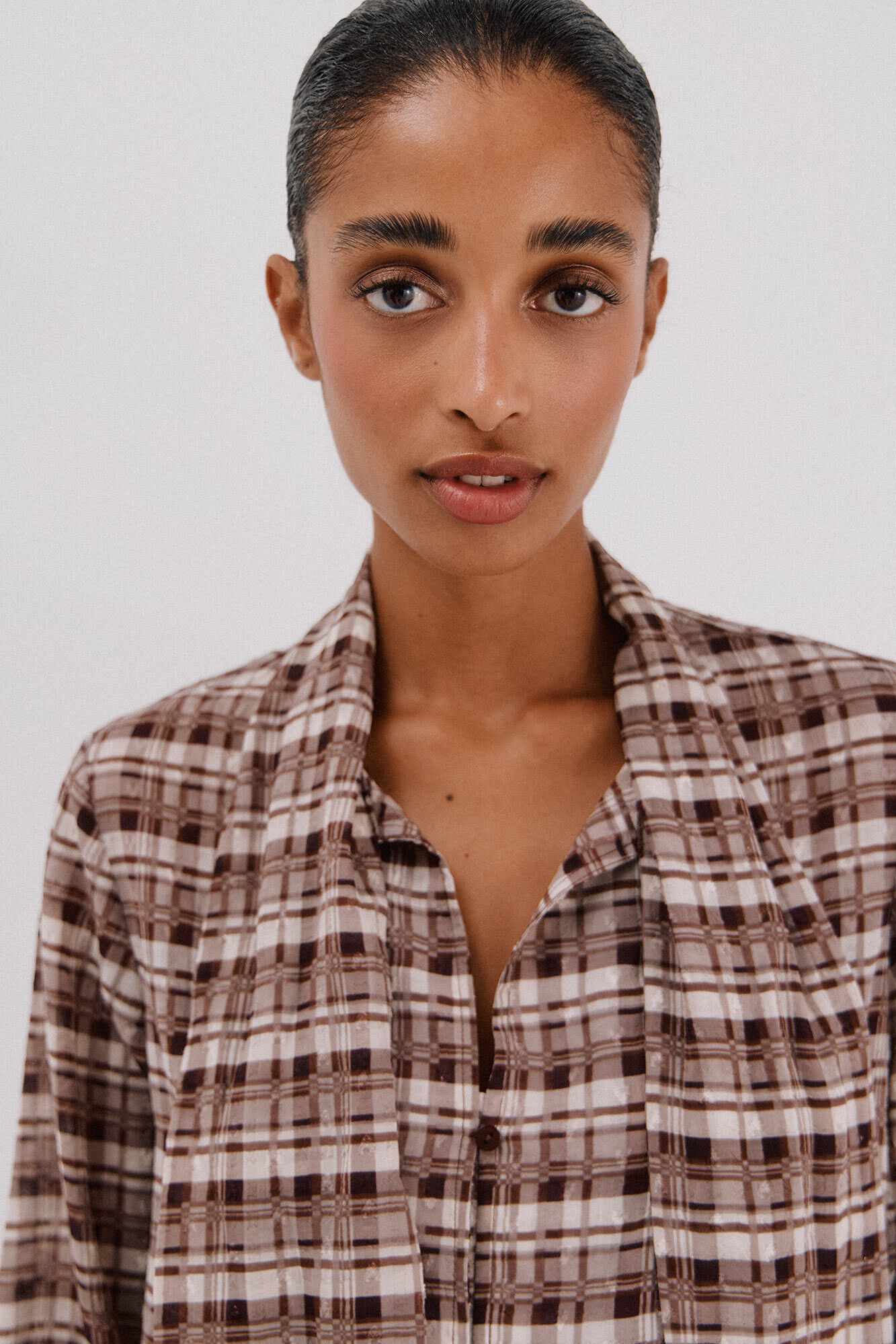 Cortefiel Blusa con lazo estampado a cuadros Multicolor