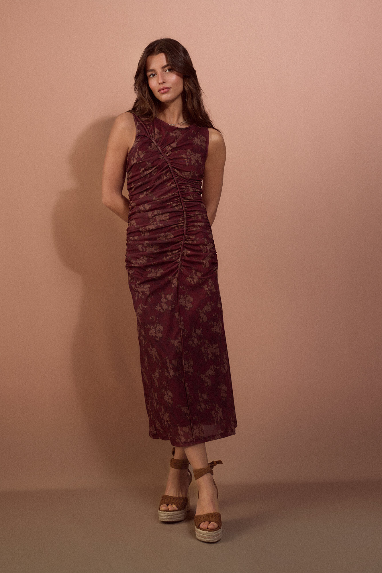 Slowlove Vestido frunces estampado Vino
