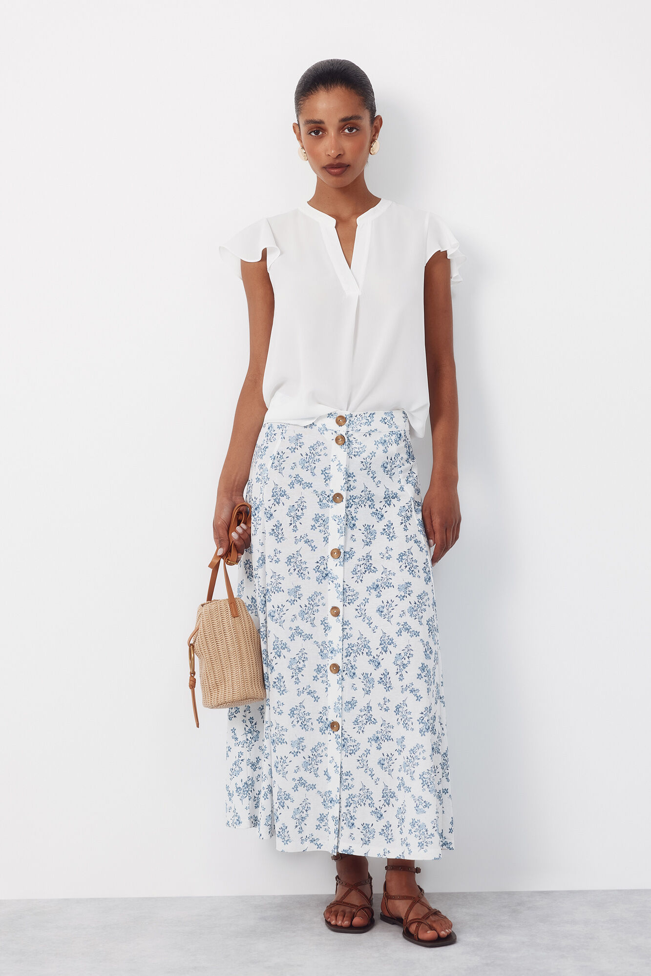 Cortefiel Blusa fluida de manga de vuelo Blanco