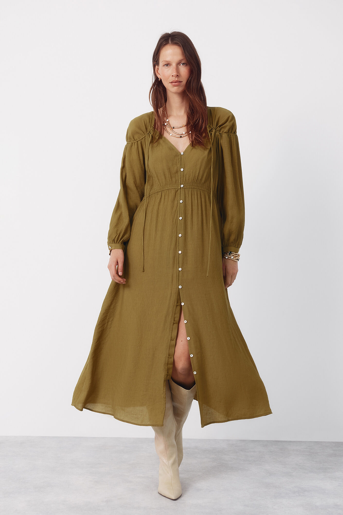 Cortefiel Vestido con cuello en pico y cord&oacute;n