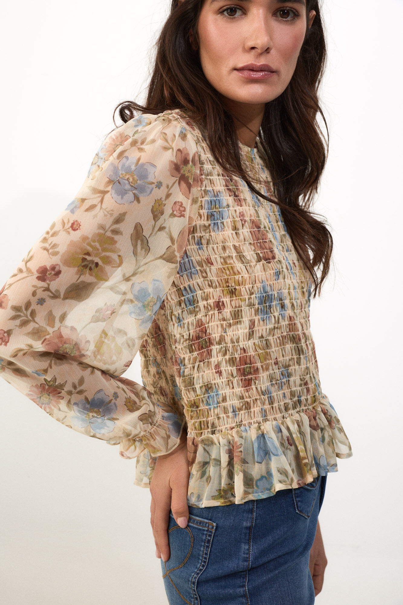 Slowlove Top con el&aacute;stico estampado Beige