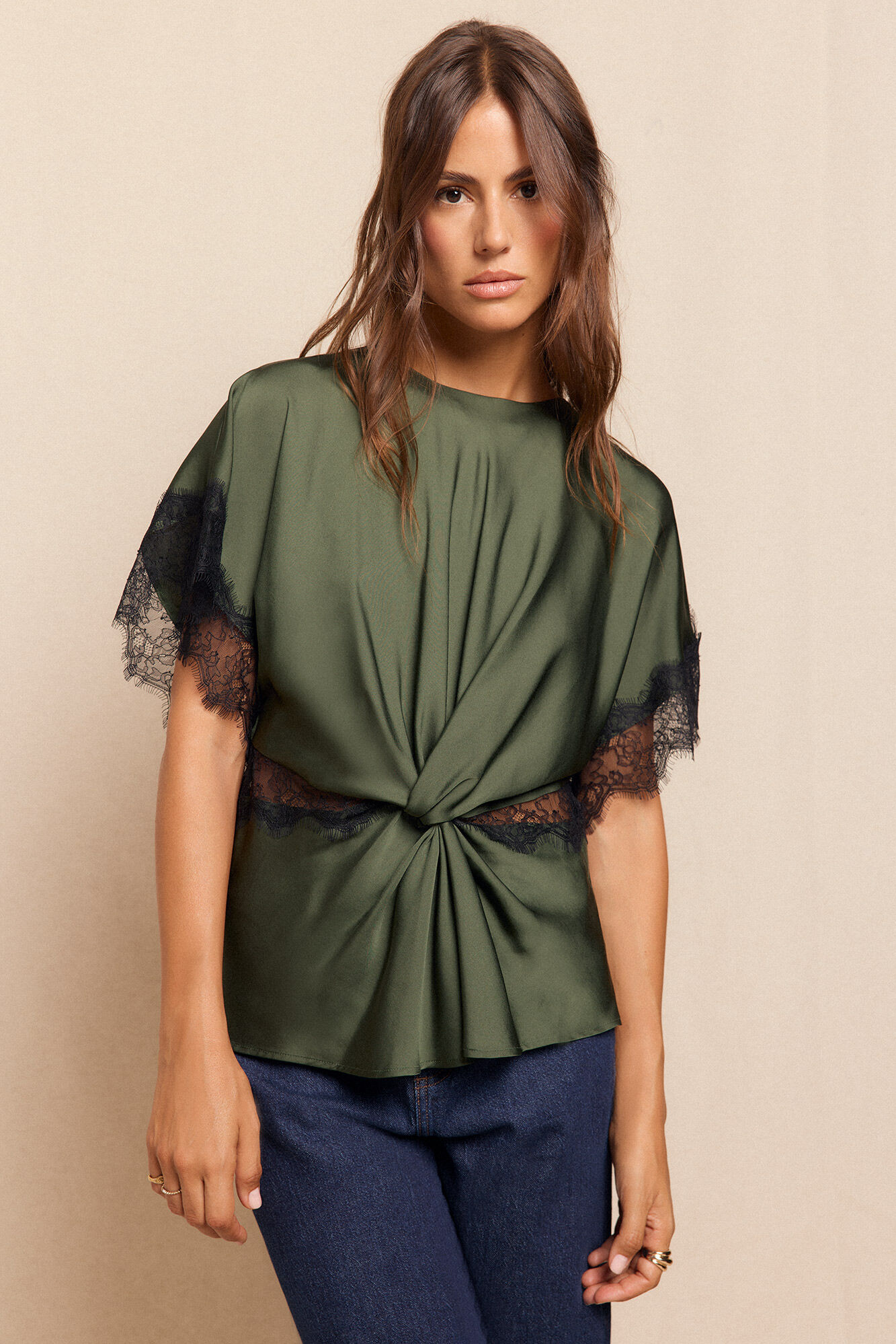 Slowlove Blusa satinada de encaje Verde oscuro