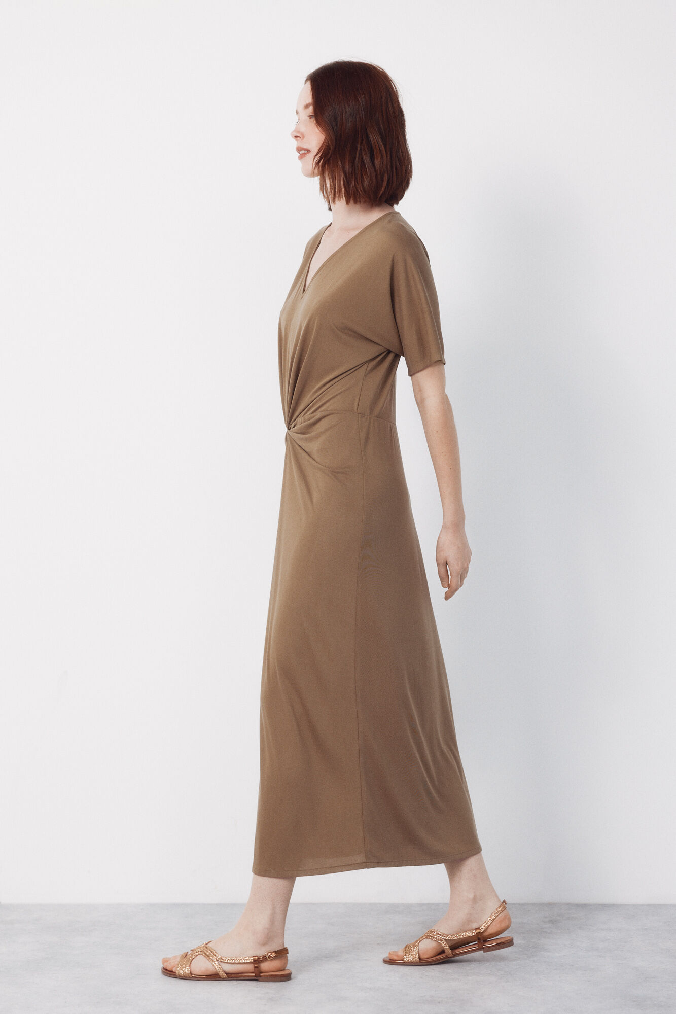 Cortefiel Vestido largo con nudo Kaki