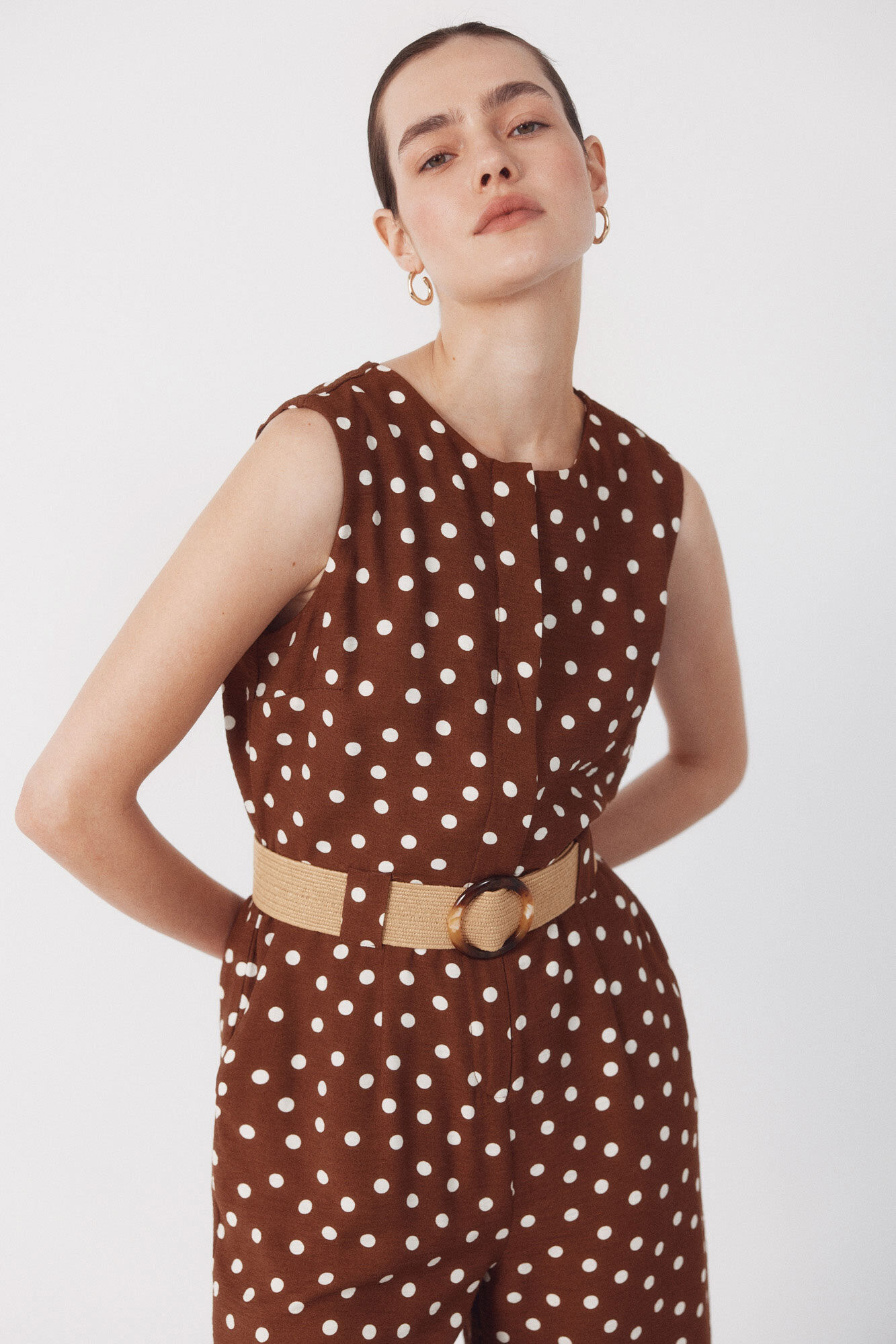 Cortefiel Jumpsuit con cintur&oacute;n Estampado beige