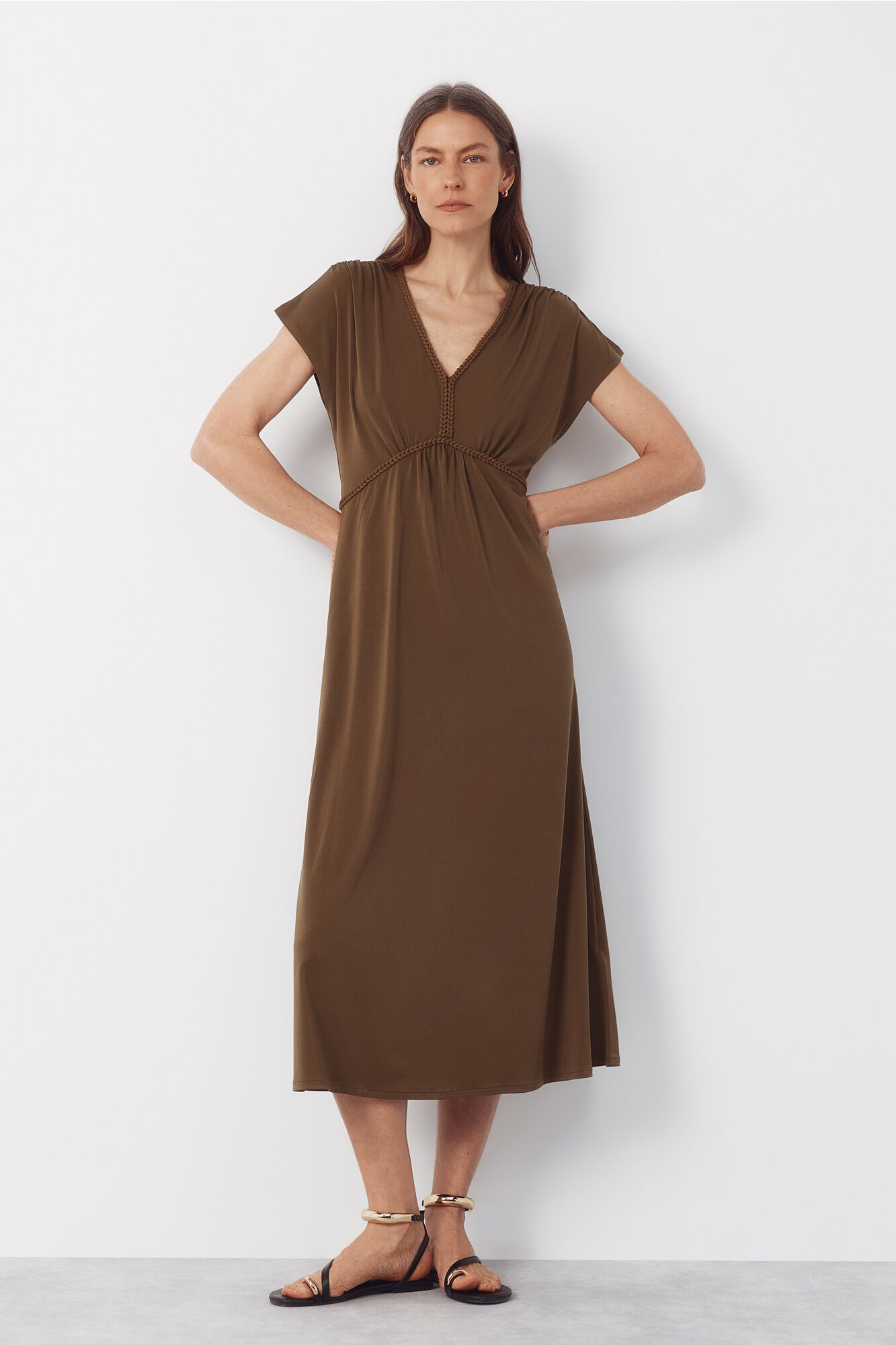 Cortefiel Vestido estampado trenza Kaki