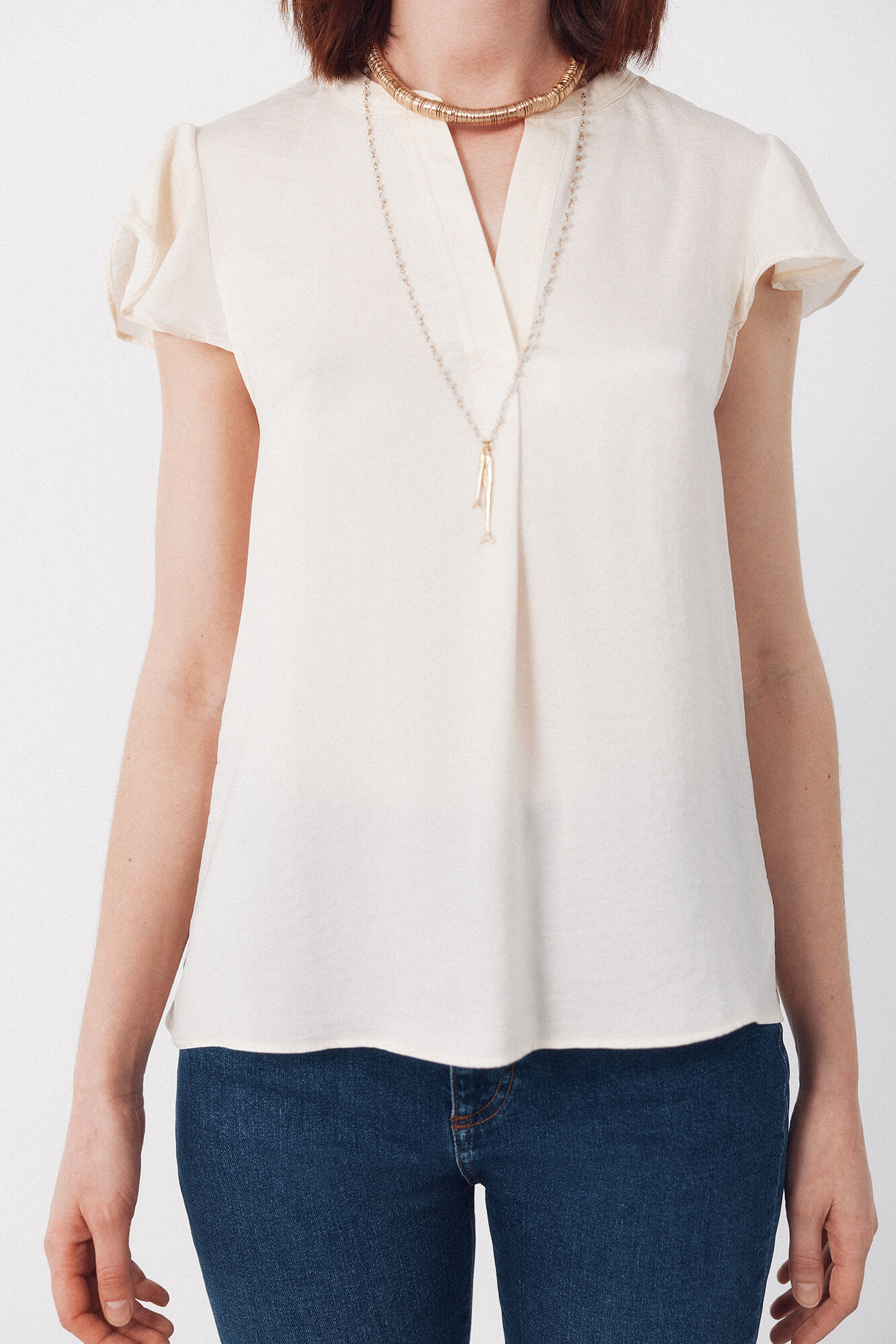 Cortefiel Blusa fluida de manga de vuelo Beige