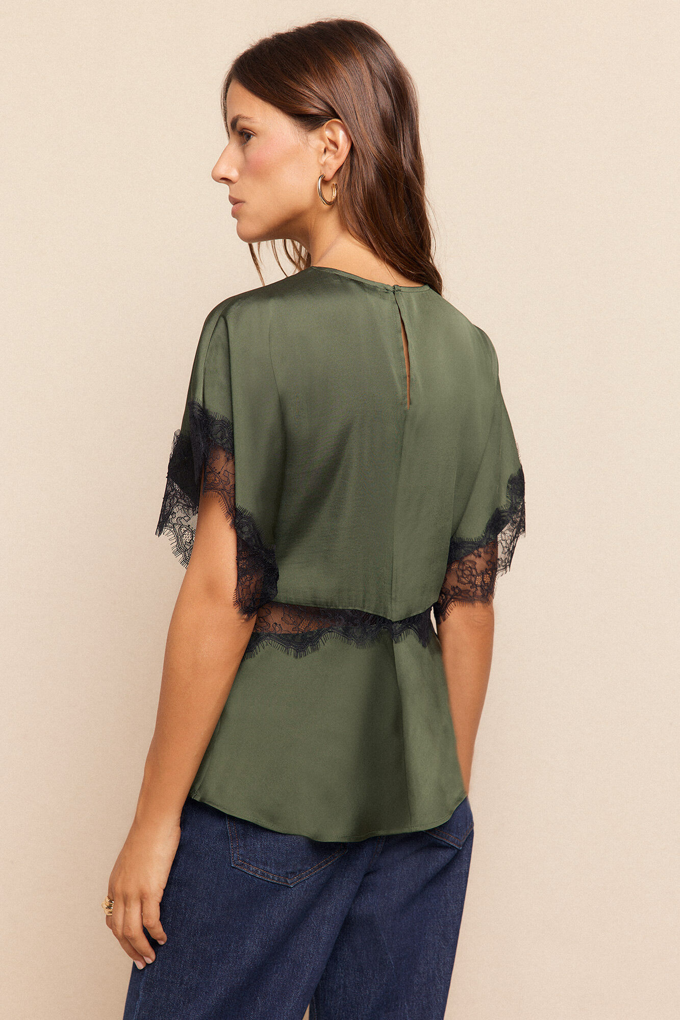 Slowlove Blusa satinada de encaje Verde oscuro