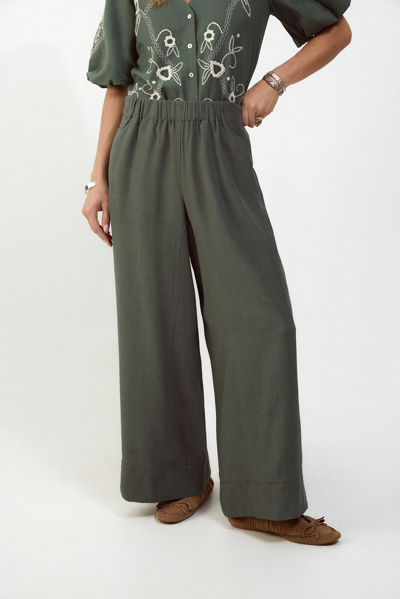 Slowlove Pantal&oacute;n ancho de lino lavado