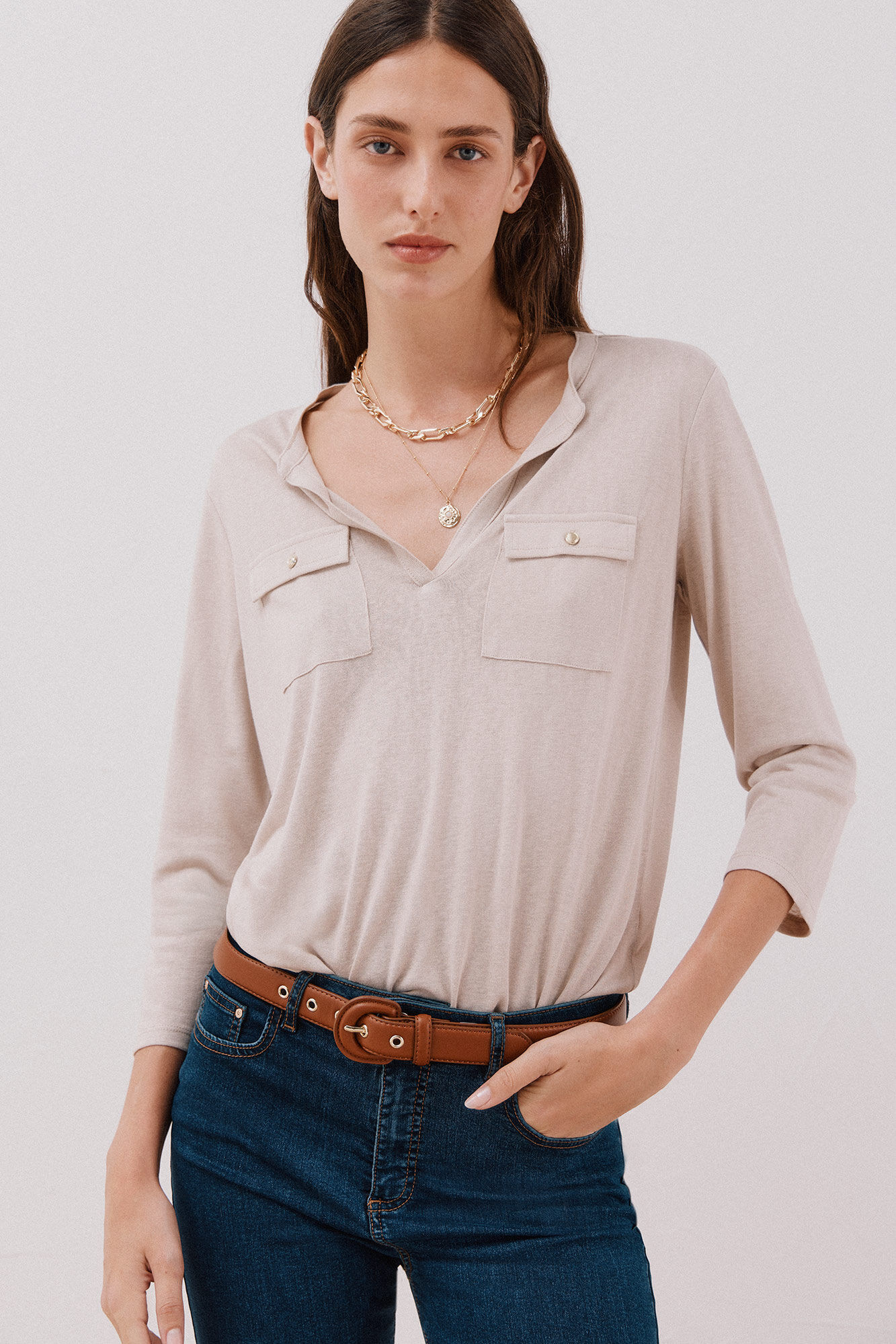 Cortefiel Playera cuello mao efecto lino