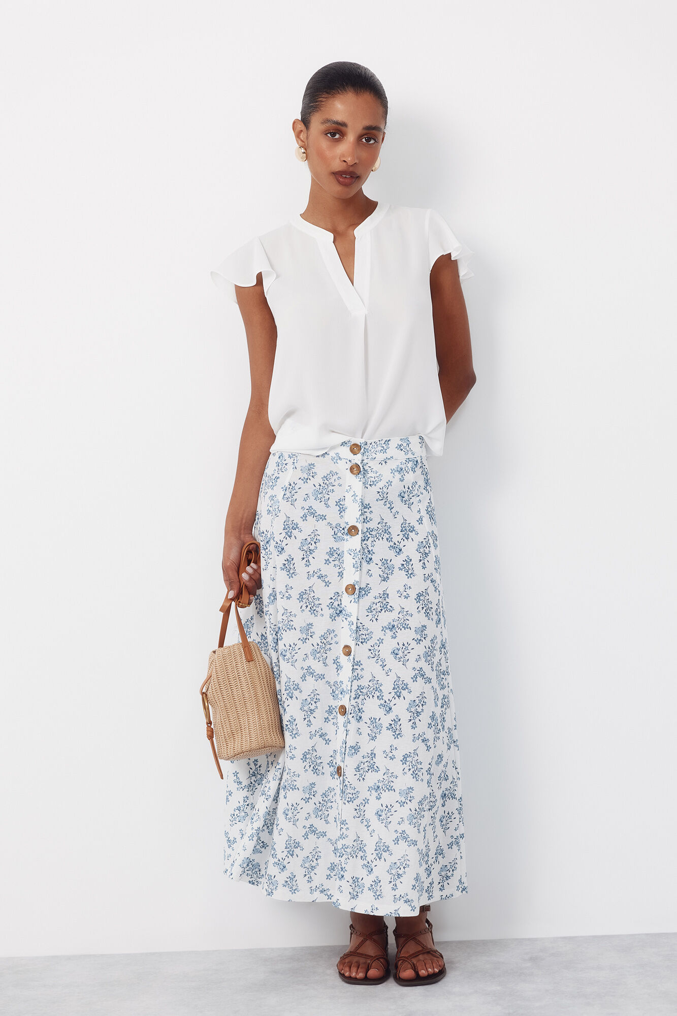 Cortefiel Blusa fluida de manga de vuelo Blanco