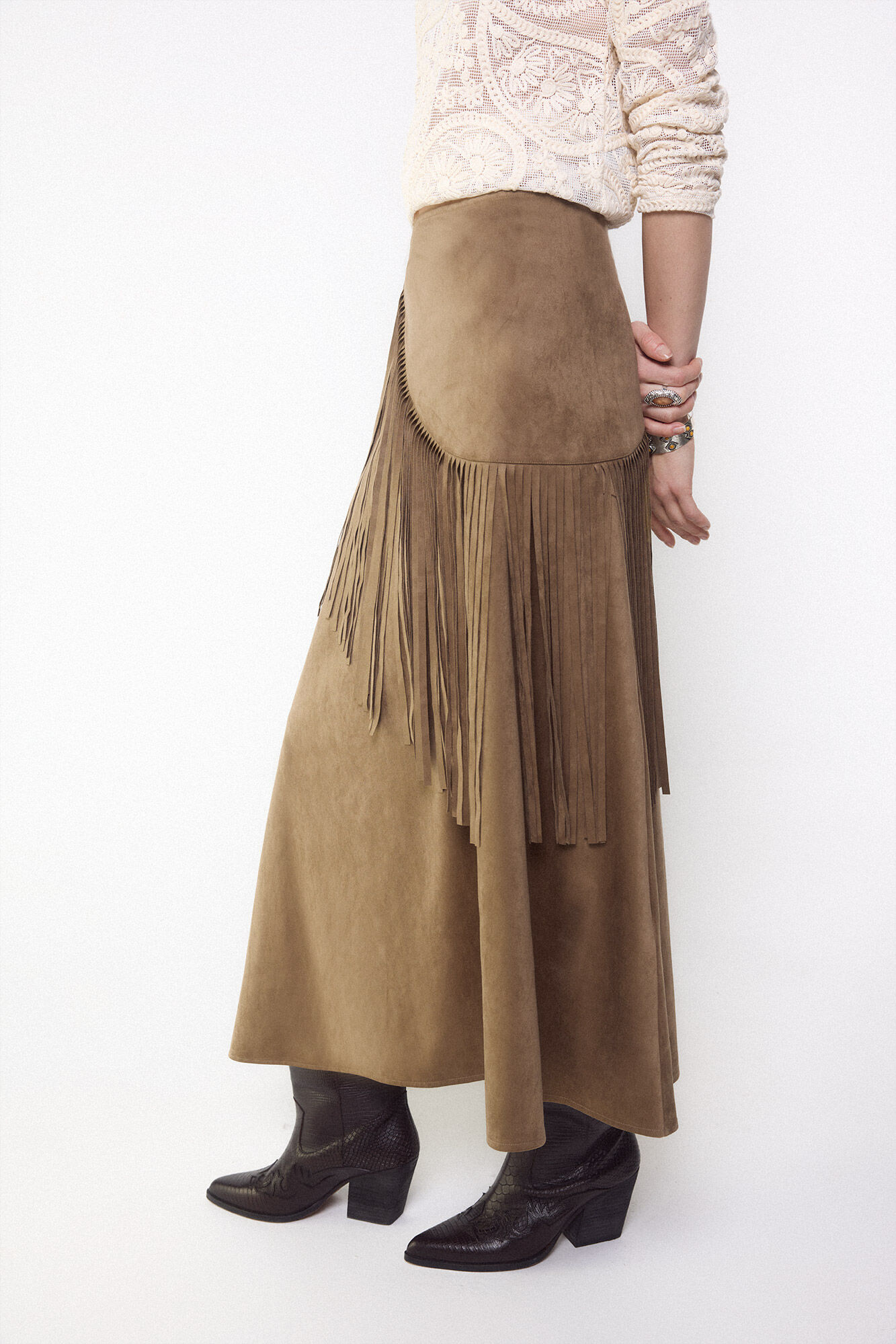 Slowlove Falda de ante sint&eacute;tico con flecos Marr&oacute;n