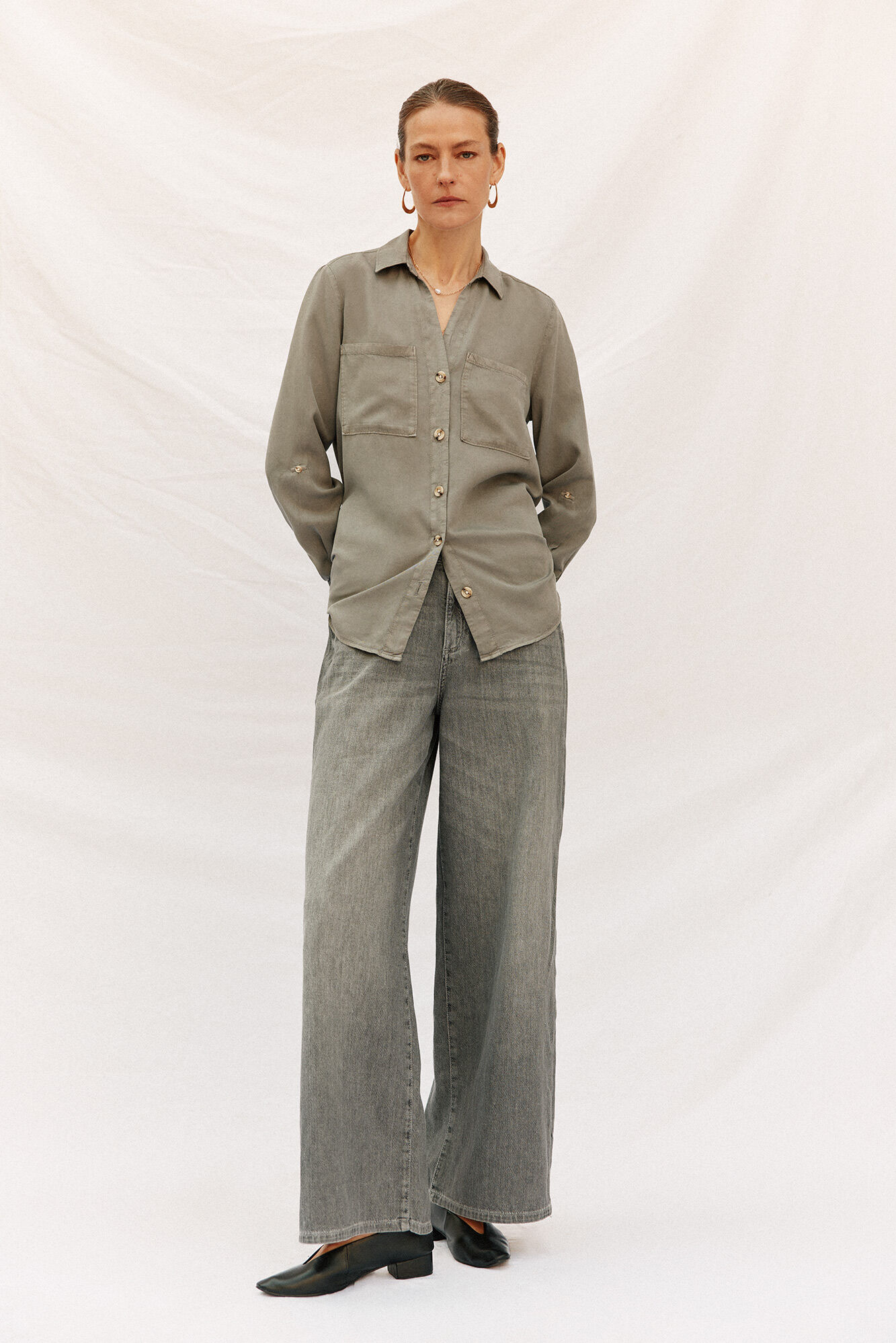 Cortefiel Camisa denim tencel Verde