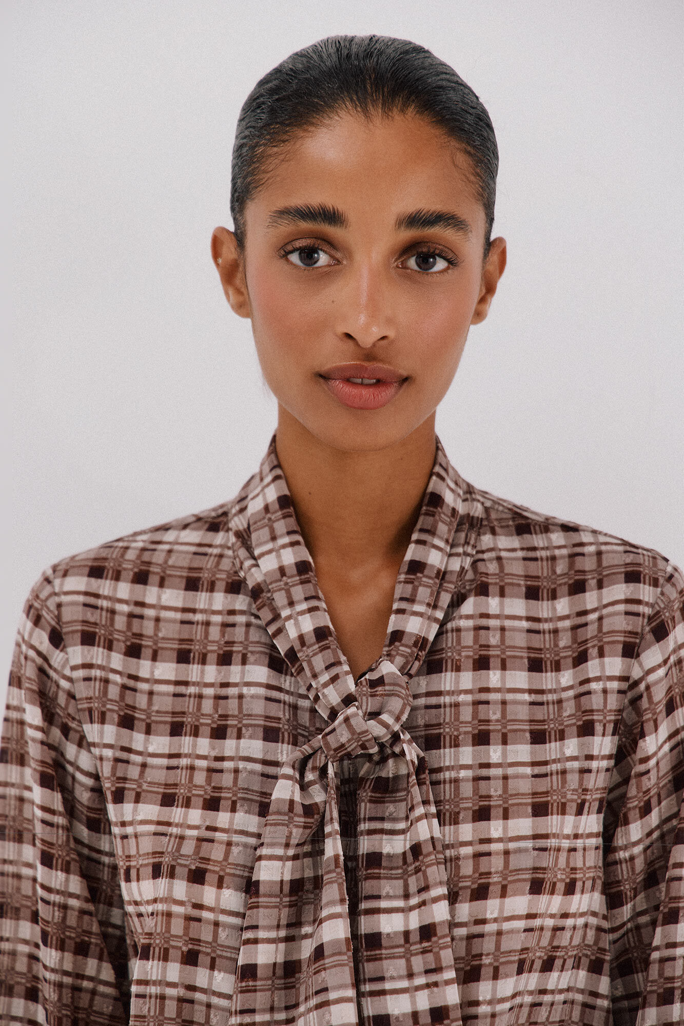 Cortefiel Blusa con lazo estampado a cuadros Multicolor