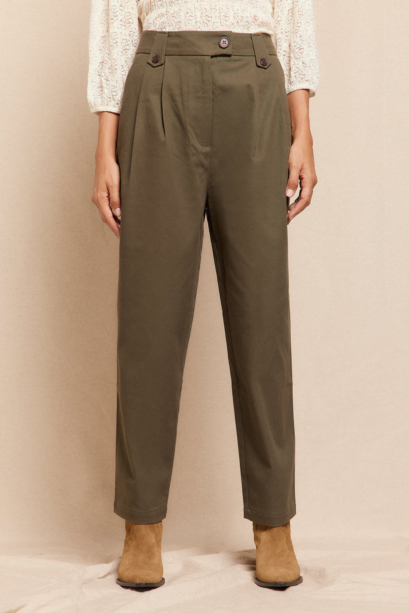 Slowlove Pantal&oacute;n de sarga con pinzas trabillas para el cintur&oacute;n bolsillos funcionales laterales pernera ancha cierre mediante cierre oculto y bot&oacute;n