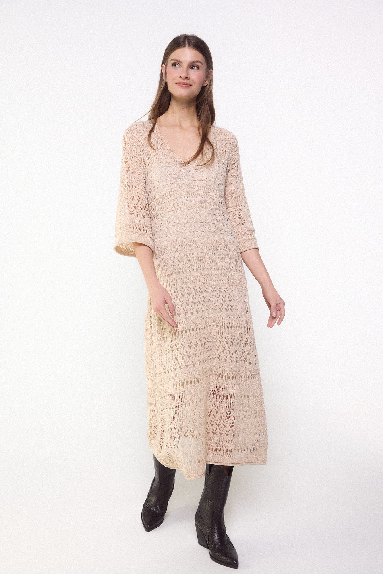 Slowlove Vestido de punto calado Arena