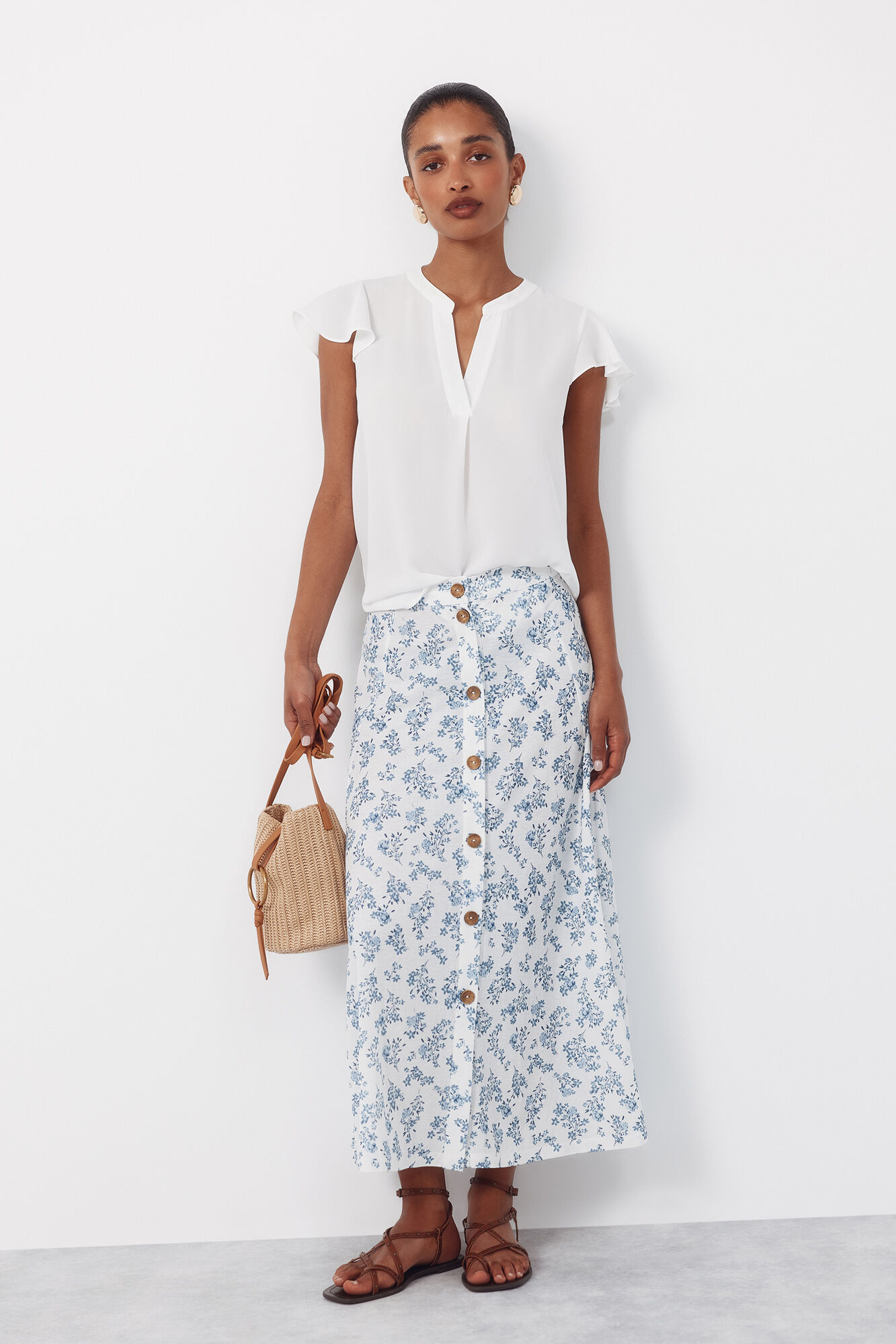 Cortefiel Blusa fluida de manga de vuelo Blanco