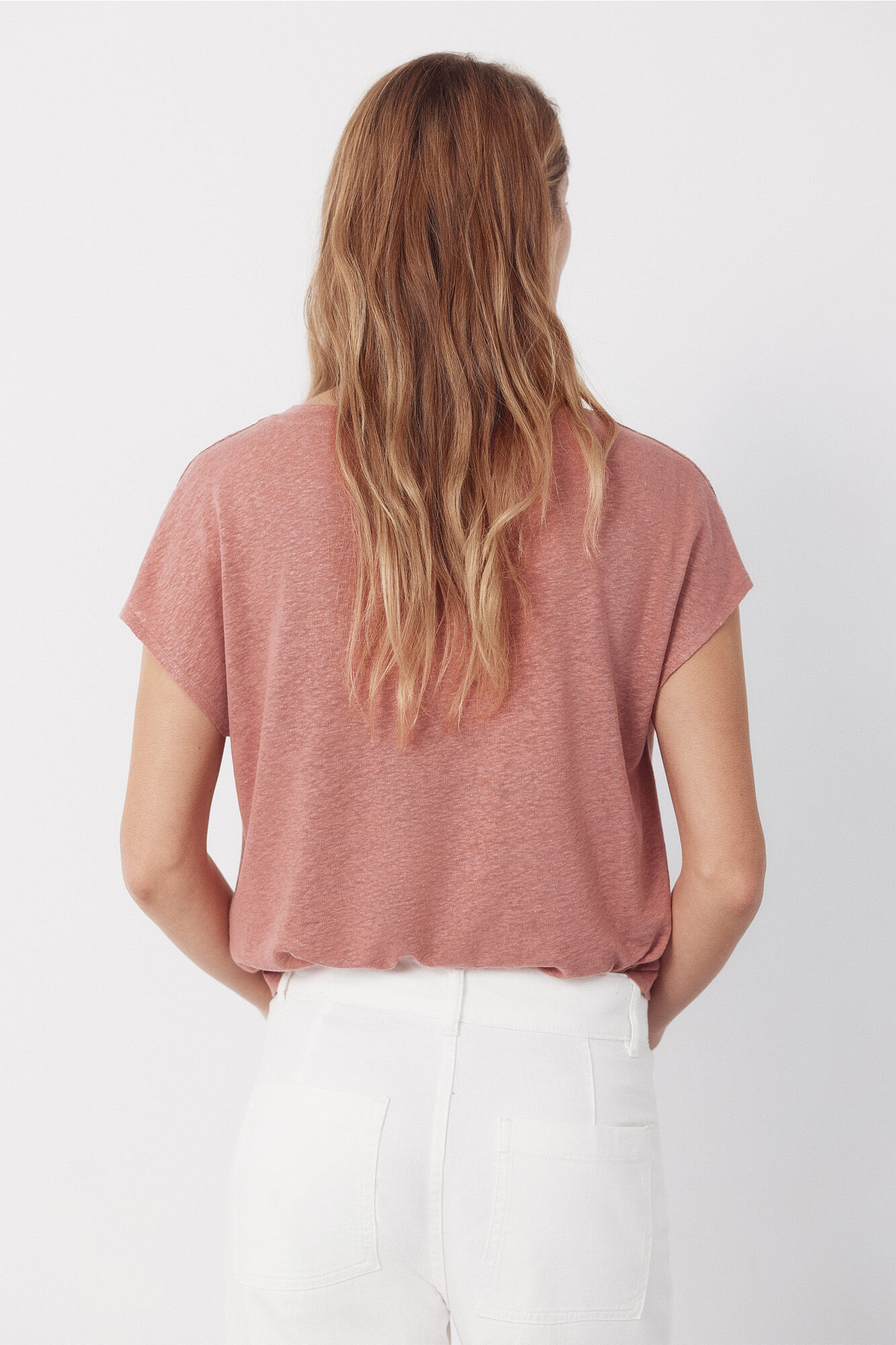 Cortefiel Playera de lino con escote en pico y l&uacute;rex Rosa