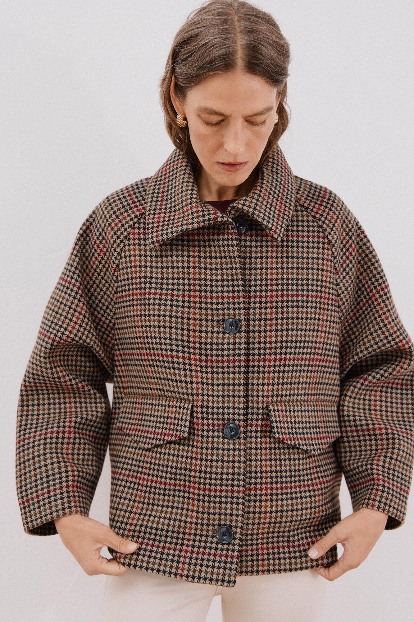 Cortefiel Abrigo corto tejido cuadros