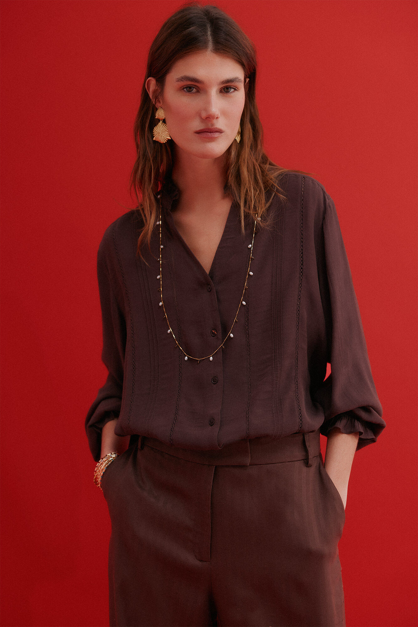 Hoss Intropia Clementine. Blusa rom&aacute;ntica Marron oscuro
