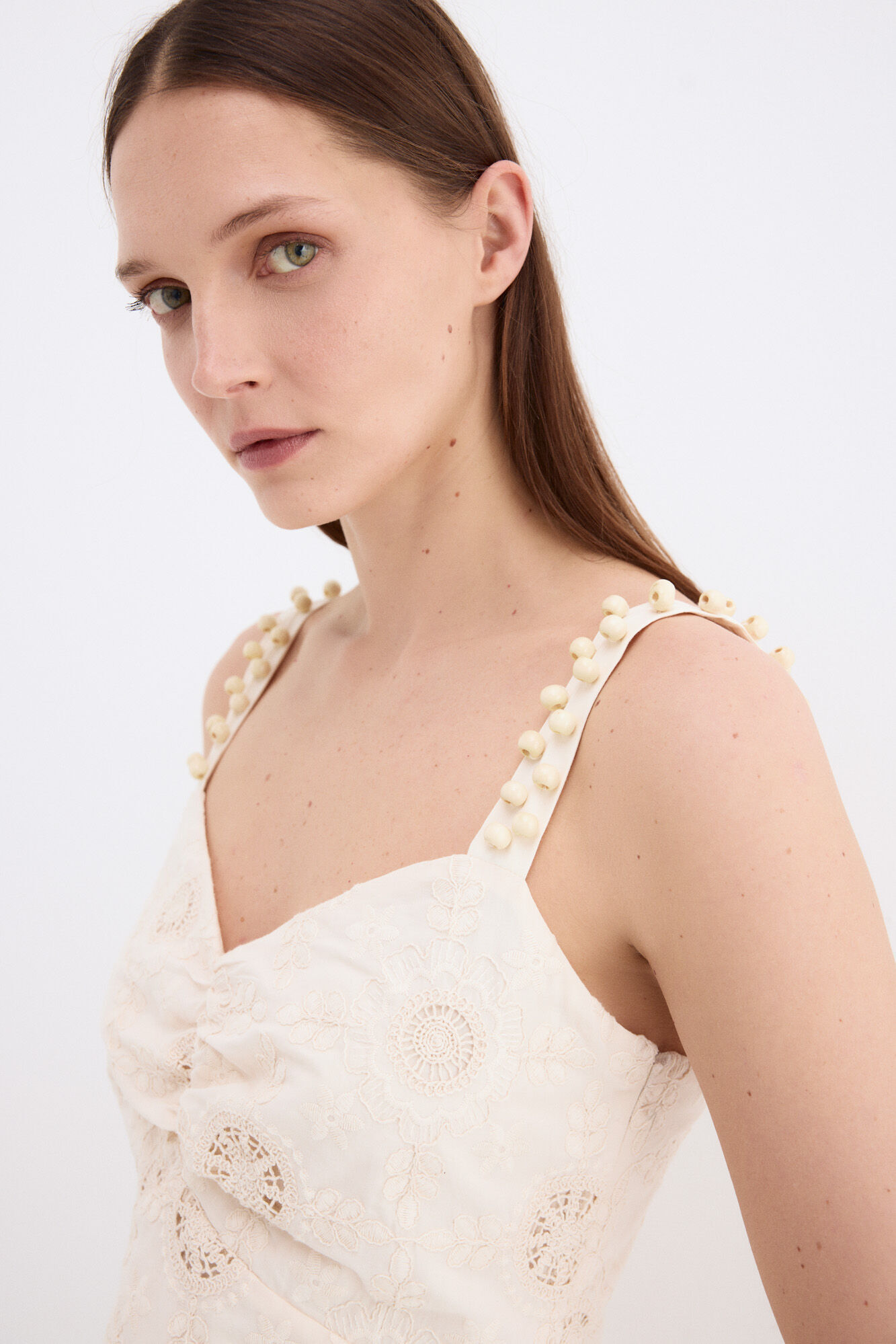 Pedro del Hierro Vestido largo algod&oacute;n con bordados Crudo