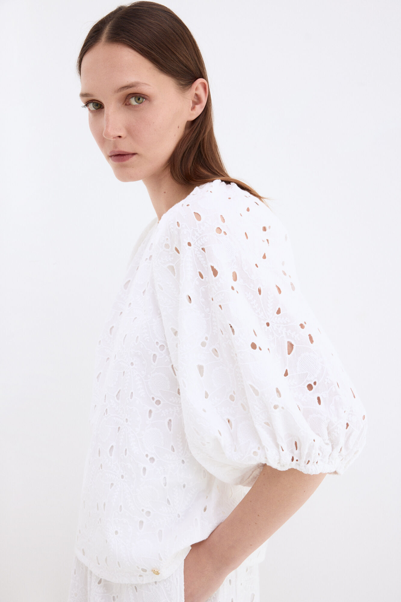 Pedro del Hierro Top manga al codo calado Blanco