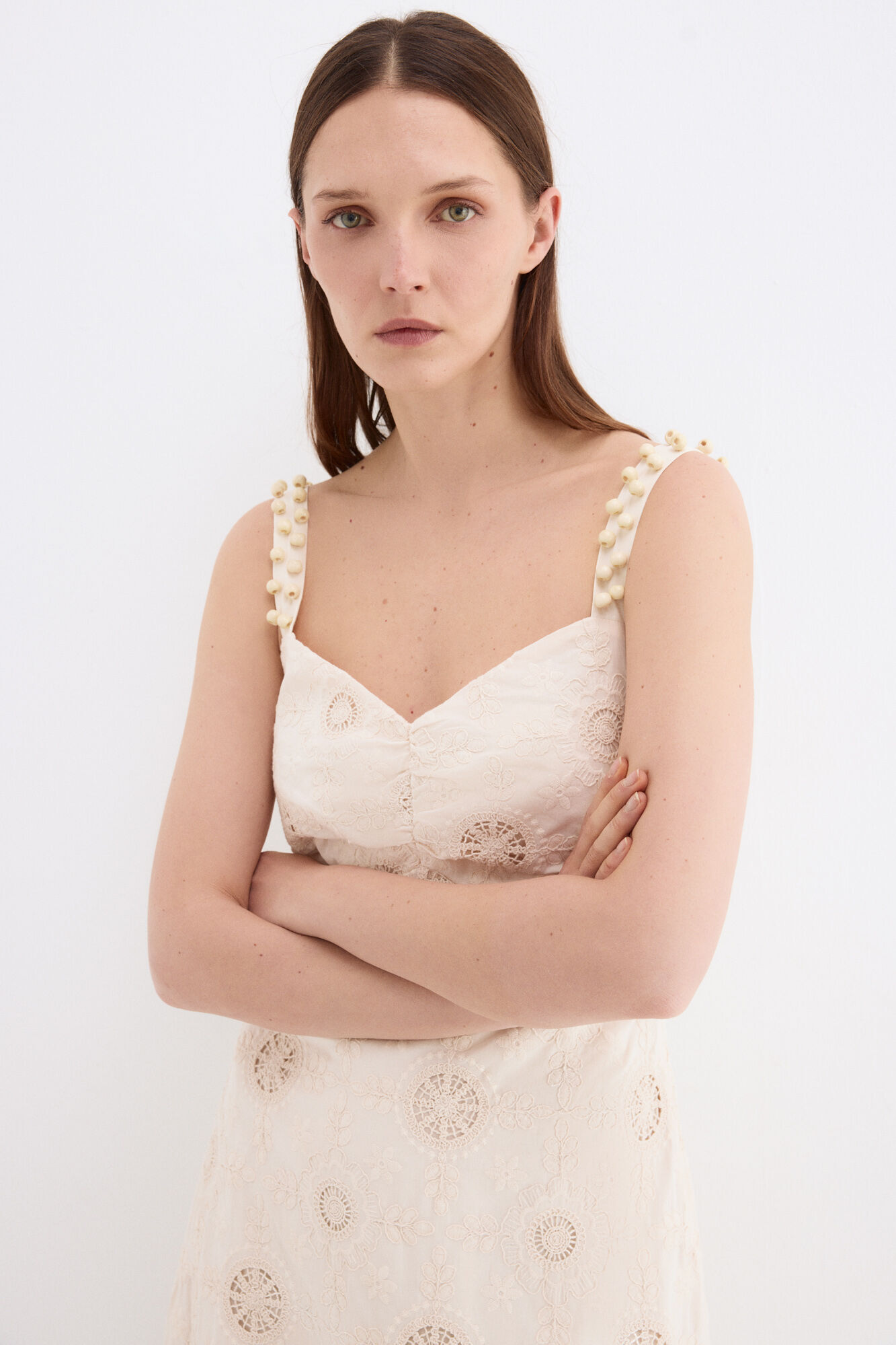 Pedro del Hierro Vestido largo algod&oacute;n con bordados Crudo