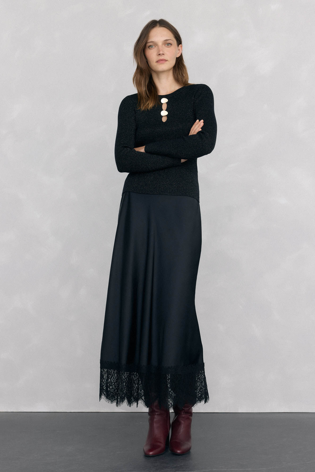 Pedro del Hierro Falda larga satinada con detalles de encaje Negro